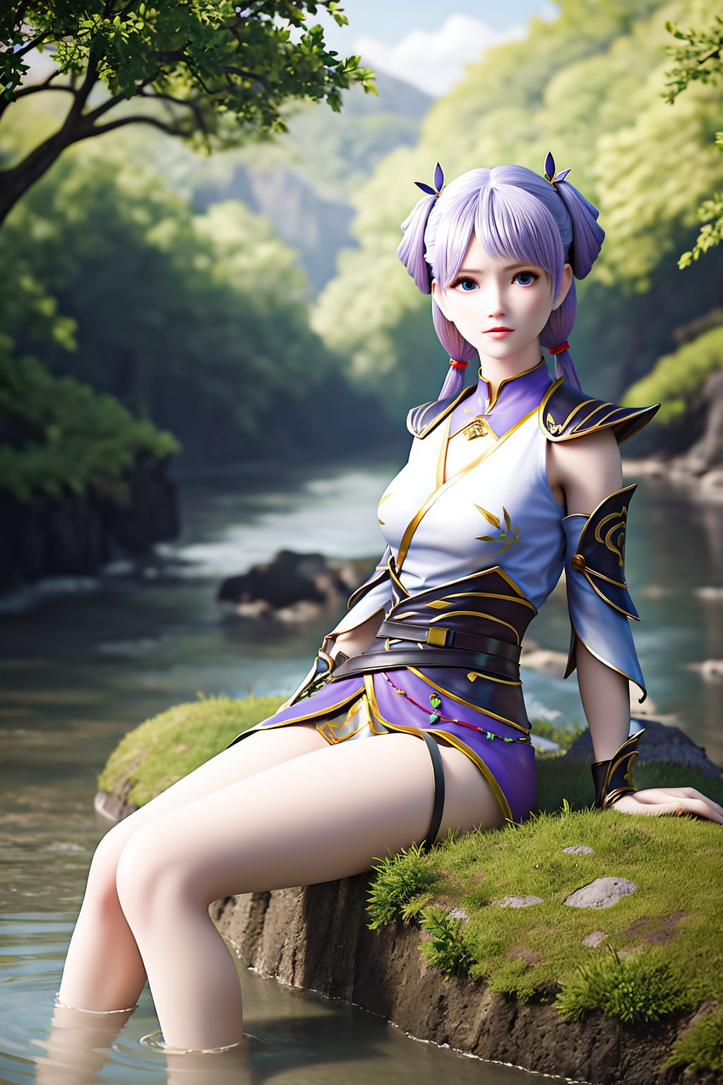 (best quality,masterpiece:1.2),ultra detailed,8k,RAW photo,realistic,photorealistic,ultra-detailed,intricate detail,extremely detailed,delicate pattern,looking at viewer,(crystalstexture skin, crystal skin,shiny skin:1.3),<lora:C_斗破苍穹_韩雪_AUG:0.7>,river,outdoors,water,cloud,sky,scenery,day,tree,outdoors,nature,day,rock,forest,water,flower,river,1girl,solo,hair rings,bangs,twintails,hair ornament,purple hair,detached sleeves,shoulder armor,belt,sash,sitting,bare legs,