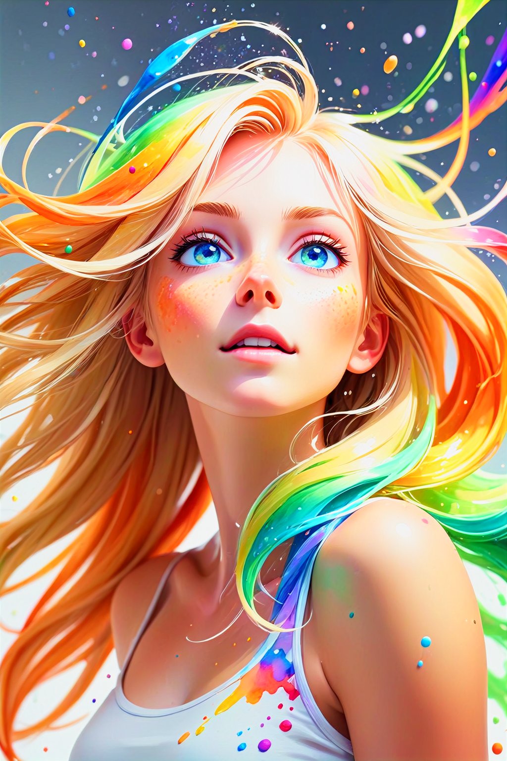 abstract, splash, vibrant, white background, lights, volumetric lighting, rainbow, blonde hair, orange eyes, flowing hair, looking at viewer, looking up, abstract, paint, pastel, watercolor, particles, close up, sparkling eyes