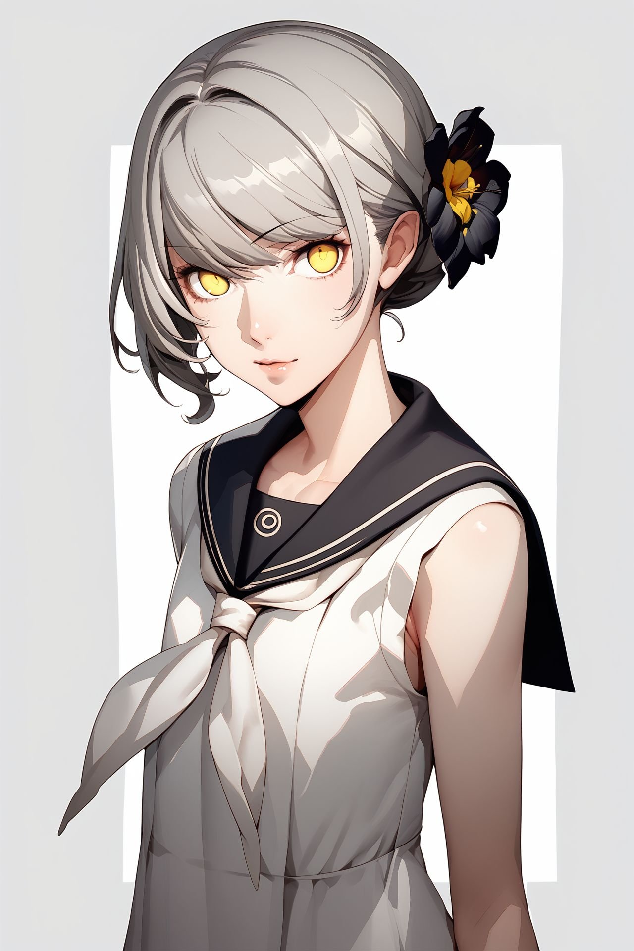 score_9, score_8_up, score_7_up, 1girl, :D, looking at viewer, light_grey hair, hair_over_one_eye, yellow eyes, flat chest, sailor dress, Nigella \(flower\), black_background <lora:Soejima_Shigenori_PonyXL_style_v01:1>