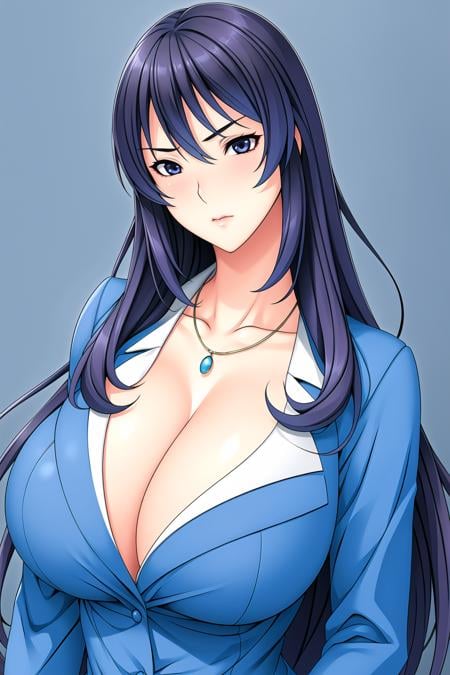 Simple blue Background,dynamic pose,standing at attention,blue jacket, collarbone, cleavage, business suit, long sleeves, <lora:Kyouko_Tsukishima_TeacherHypnosis-KK77-V1:0.6>,gem,jewelry, necklace, blue eyes, blue hair,bangs,Long hair,<lora:Oda_Non_Style-KK77-V2:0.4>,<lora:more_details:0.1>,1 girl, 20yo,Young female,Beautiful long legs,Beautiful body,Beautiful Nose,Beautiful character design, perfect eyes, perfect face,expressive eyes,perfect balance,looking at viewer,(Focus on her face),closed mouth, (innocent_big_eyes:1.0),(Light_Smile:0.3),official art,extremely detailed CG unity 8k wallpaper, perfect lighting,Colorful, Bright_Front_face_Lighting,White skin,(masterpiece:1.0),(best_quality:1.0), ultra high res,4K,ultra-detailed,photography, 8K, HDR, highres, absurdres:1.2, Kodak portra 400, film grain, blurry background, bokeh:1.2, lens flare, (vibrant_color:1.2),professional photograph,(Beautiful,large_Breasts:1.4), (beautiful_face:1.5),(narrow_waist),