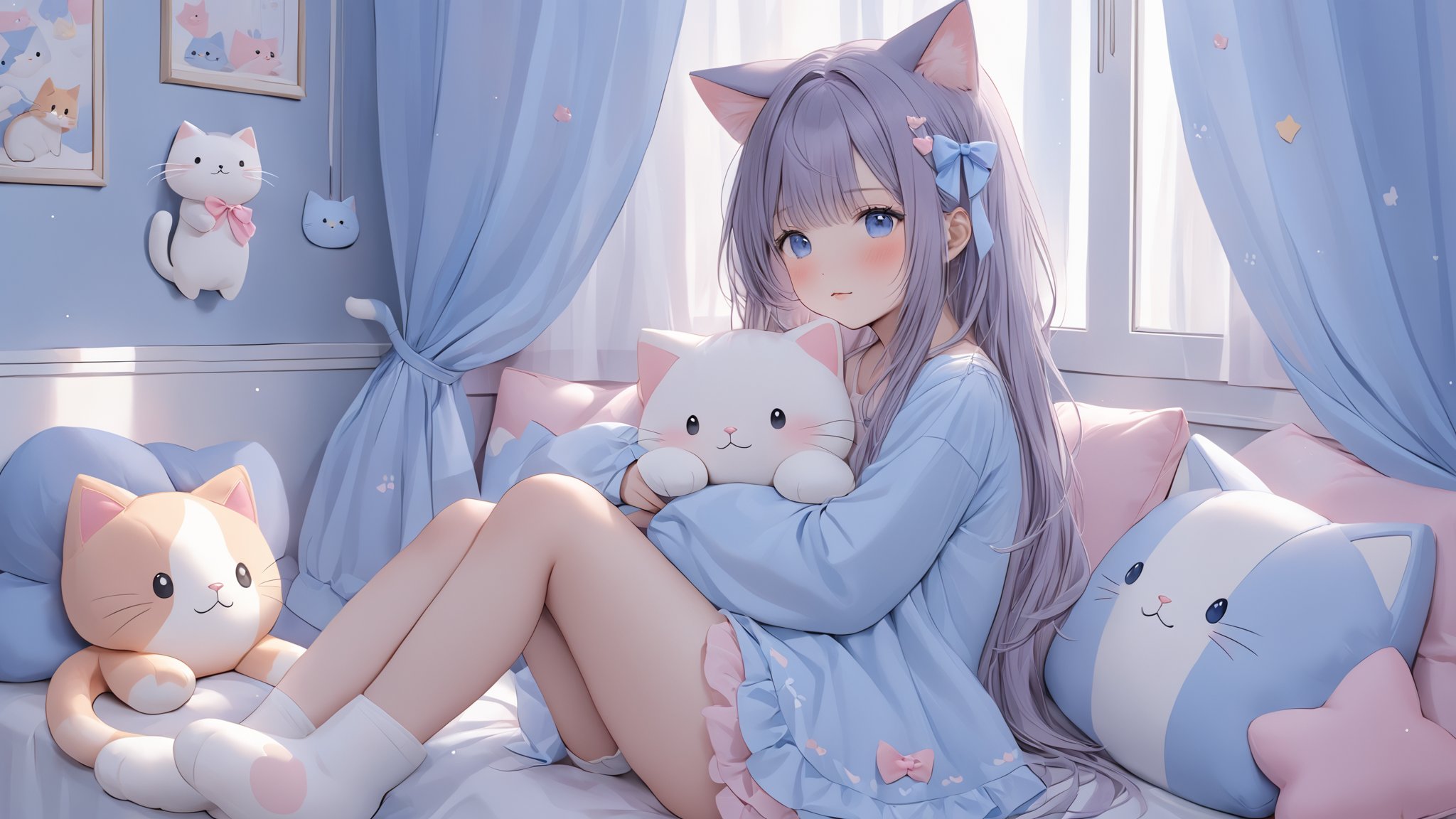 1girl, animal ears, bloomers, blue eyes, blush, cat ears, cat girl, cat tail, curtains, hair ornament, long hair, pillow, sleeves past wrists, stuffed animal, stuffed cat, stuffed toy, tail, underwear