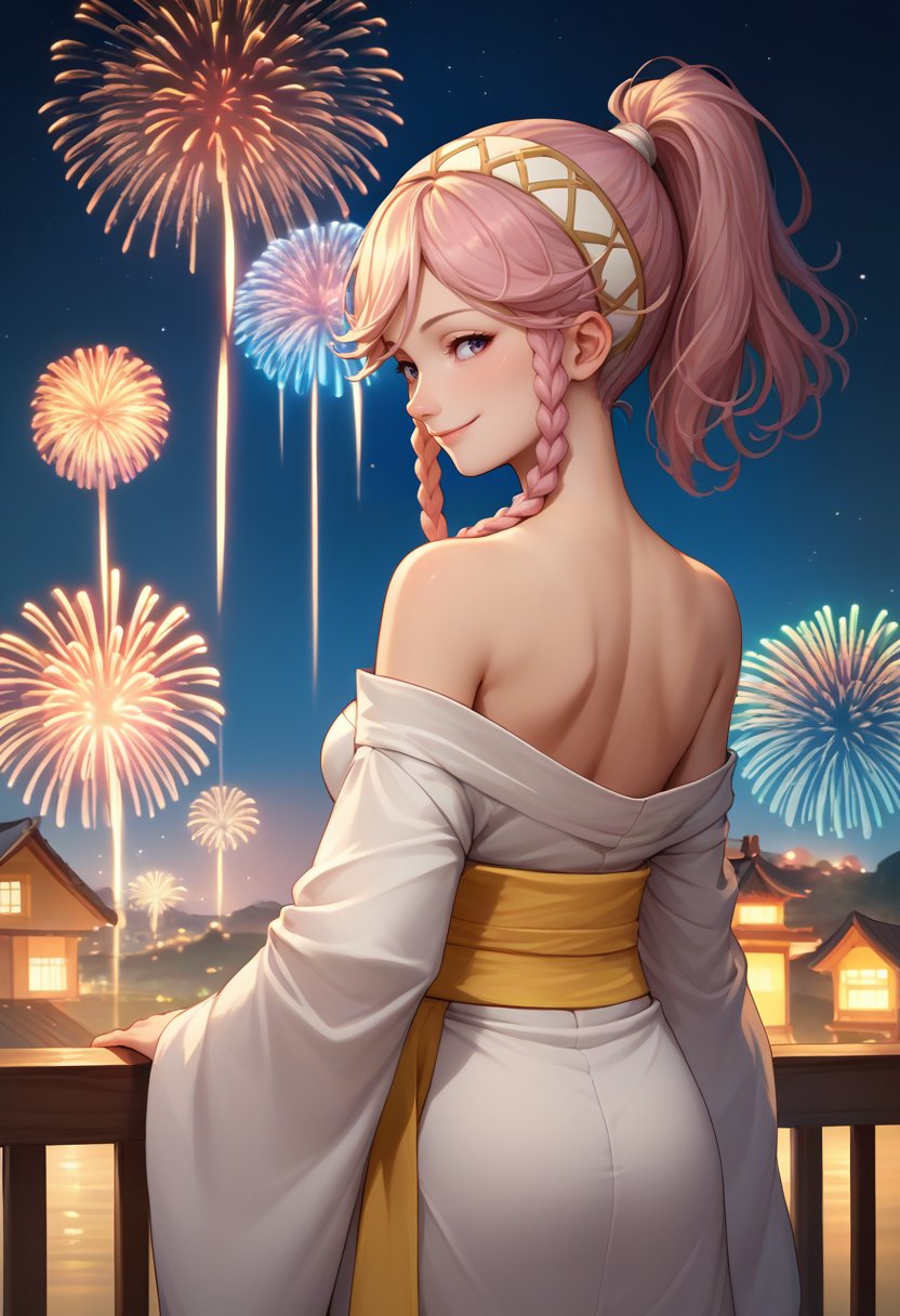 score_9, score_8_up, score_7_up, source_anime, from behind, solo, 1girl, oliviadef, smile, looking back, twin braids, ponytail, hairband, white kimono, off shoulder, yellow sash, bare shoulders, fireworks <lora:fireemblem_oliviadef_ponyXL:1>