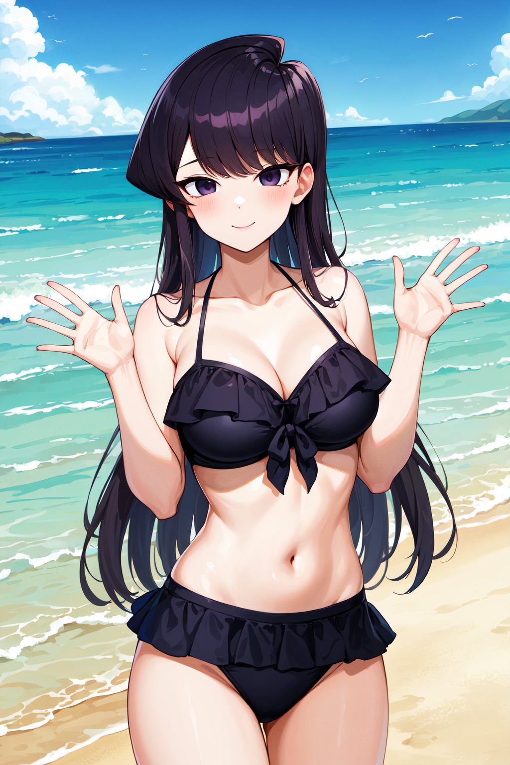 masterpiece, best quality, highres, aashouko, long hair, breasts, <lora:komi_shouko_v1:0.7>, frilled bikini, beach, smile, waving,