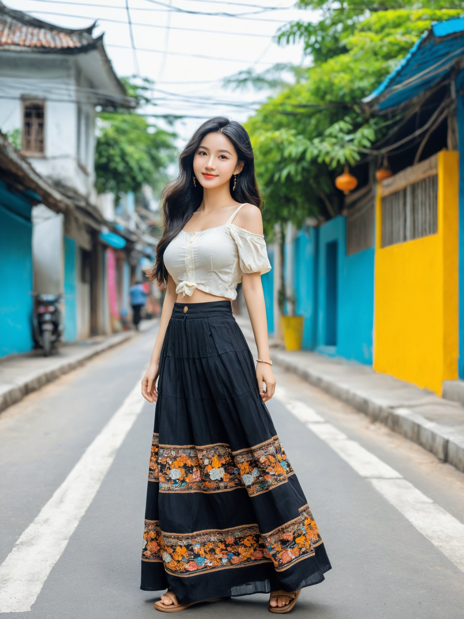 masterpiece, best quality, realistic, photo, real, incredibly_absurdres, Ultra HD,Affectionately looking at you,8K,UHD,in the vietnamese city street, full body, arms behind head,arms behind back , bust photo,The 20-year-old vietnamese girl,She has black hair, boho_chic maxi skirt with prints outfit, The lines of her face are soft and smooth. Her skin is as fair as snow, soft and delicate, and her eyes are bright and bright, deep and mysterious, making people feel endless charm and appeal. The eyebrows are slender and graceful, the nose is straight and noble, the lips are rosy and seductive, and the slightly raised angle reveals confidence and elegance. Her facial features are delicate and three-dimensional, with well-defined contours, like a fine painting or a finely carved work of art. The overall feeling is gentle, elegant, noble and full of charm, huge_filesize, bust, girl, kawaii, adorable girl, bishoujo, ojousama, idol, wavy hair, long hair, black hair, beautiful detailed eyes, looking at viewer, seductive smile, black eyes, large breasts, arms behind back ,