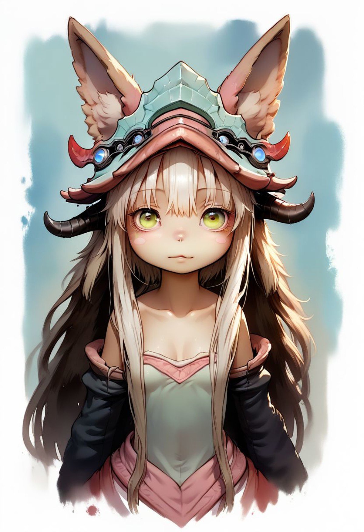 Faded Headshot, faded bottom, faded edges ,score_9,score_8_up,score_7_up,score_6_up,score_5_up, rating_safe,1girl, nanachi, \(made in abyss\)/,(ultra HD quality details), green eyes, white hair, furry, animal ears, tail, sidelockshelmet, long hair, ears through headwear, short hair, animal ears,puffy pants,(skinny), cute, firm breasts, (petite girl),  pretty girl, vivid colors, beautiful, centered, looking at the camera, approaching perfection, dynamic, moonlight, highly detailed, watercolor painting, artstation, concept art, smooth, sharp focus, illustration, small breasts, deep cleavage,