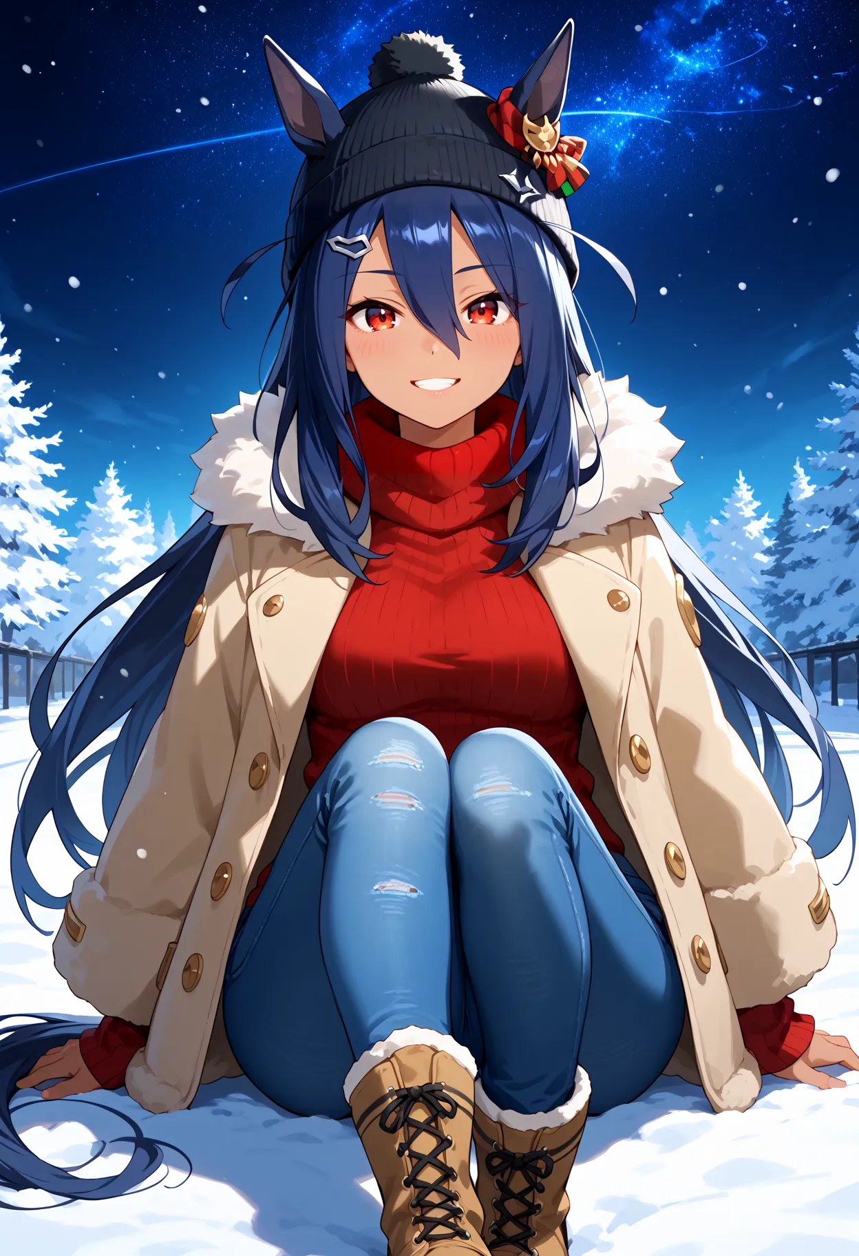 score_9, score_8_up, score_7_up, BREAK, best quality, masterpiece, very aesthetic, ultra detailed,very detailed background,BREAK,,zPDXL3,Hishiama, 1girl, solo, long hair, hair between eyes, red eyes, blue hair, dark skin, dark-skinned female, blue horse ears, horse tail,winter,snow,starry night,fur coat,steam,blush,jeans,Beanie,ribbed sweater,boots,muffler,night,light smile,<lyco:Hishiama-ponyXL:0.8>