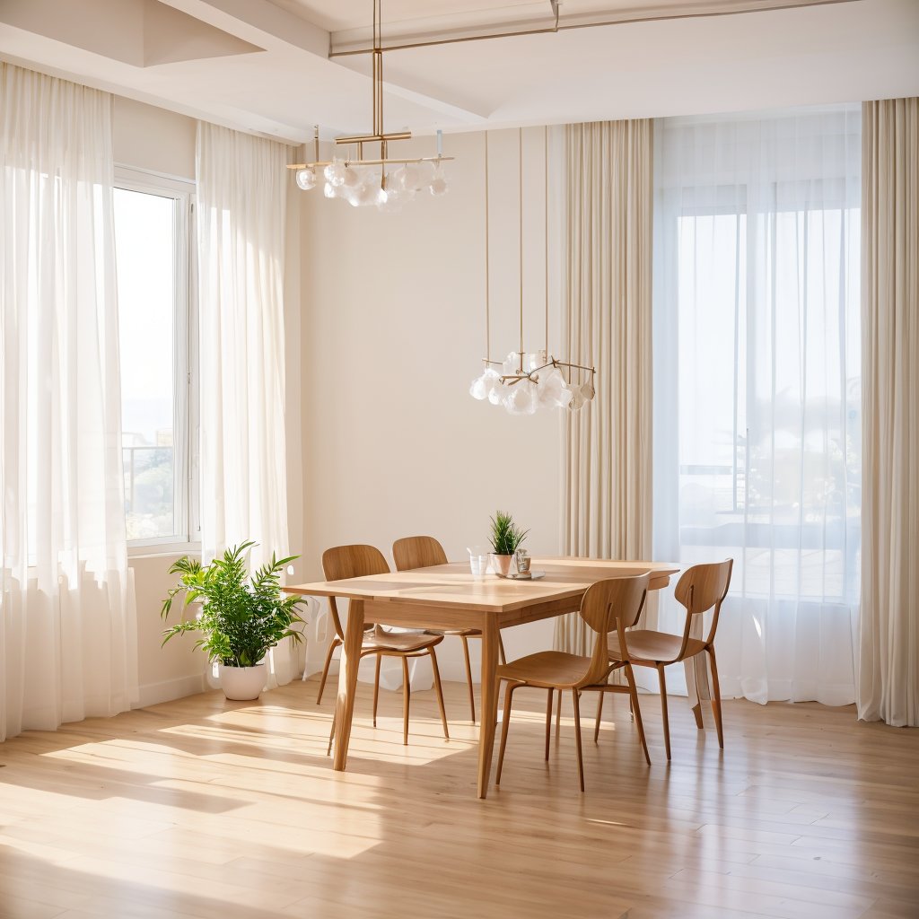 Interior, modern light luxury minimalist style, cool light, white walls, large floor-to-ceiling Windows, 1 potted plant, a blank table, white tulle curtains, early morning, RAW color photos, professional photos, masterpieces, the best quality, realistic