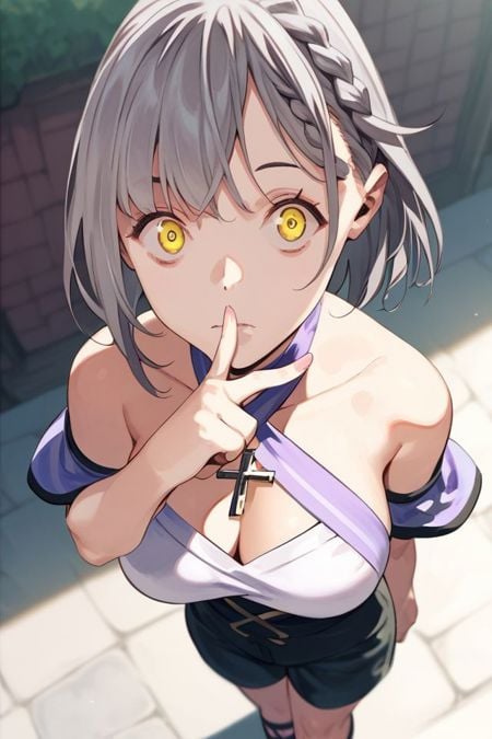 score_9, score_8_up, score_7_up, 1girl, looking at viewer, finger heart, cross-eyed, dark grey hair, front braid, textured bangs, yellow eyes, large breasts, light purple criss-cross halter, bright, town, from above <lora:pako_(pakosun)_PonyXL_style_v01:1>