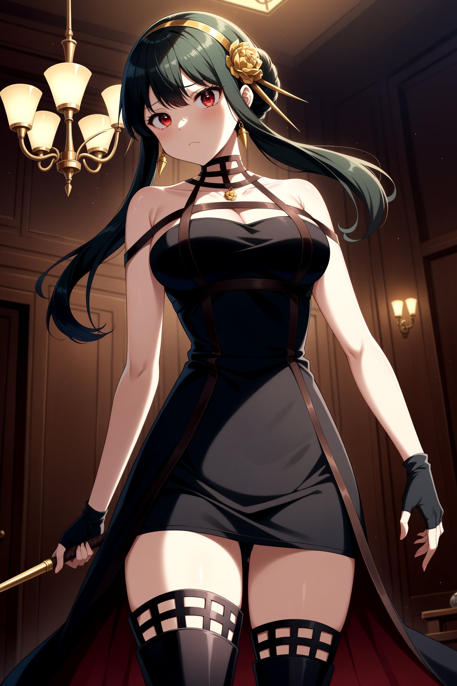 (masterpiece, best quality, very aesthetic, ultra detailed), intricate details, 4k, anime style, aayorf, short hair with long locks, gold hairband, hair ornament, red eyes, gold earring, breasts, choker, bare shoulders, black dress, two-sided dress, fingerless gloves, black gloves, thigh boots, <lora:yor_forger_XL_v1:0.9>, holding weapon, indoors, frown