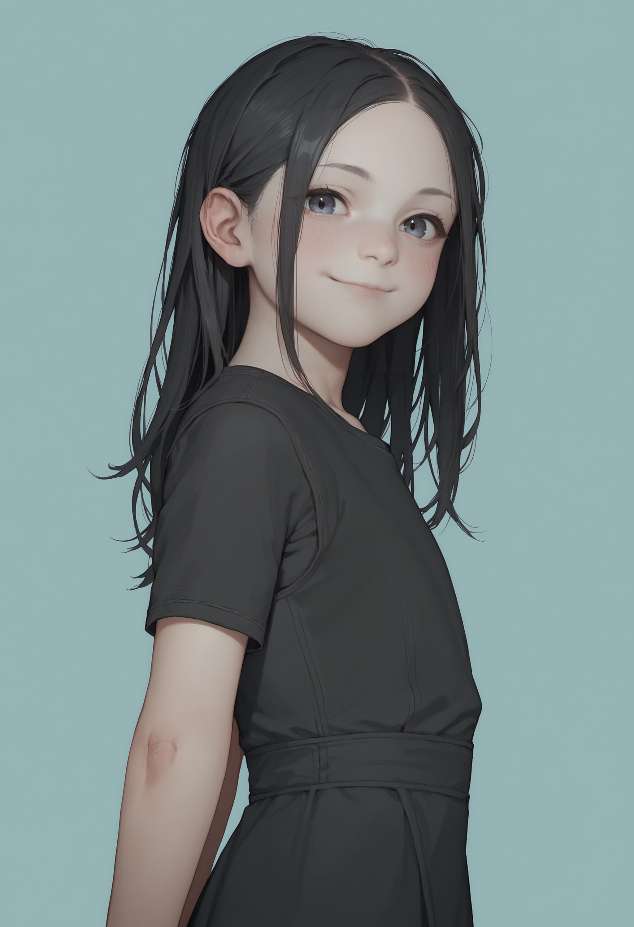 score_9, score_8_up, score_8, source_anime, 1girl, <lora:Eveline:0.7> solo, flat chest, white skin, pale skin, long hair, black hair, black dress, short sleeves, smile, blush, looking at viewer, side view, light blue background, simple background