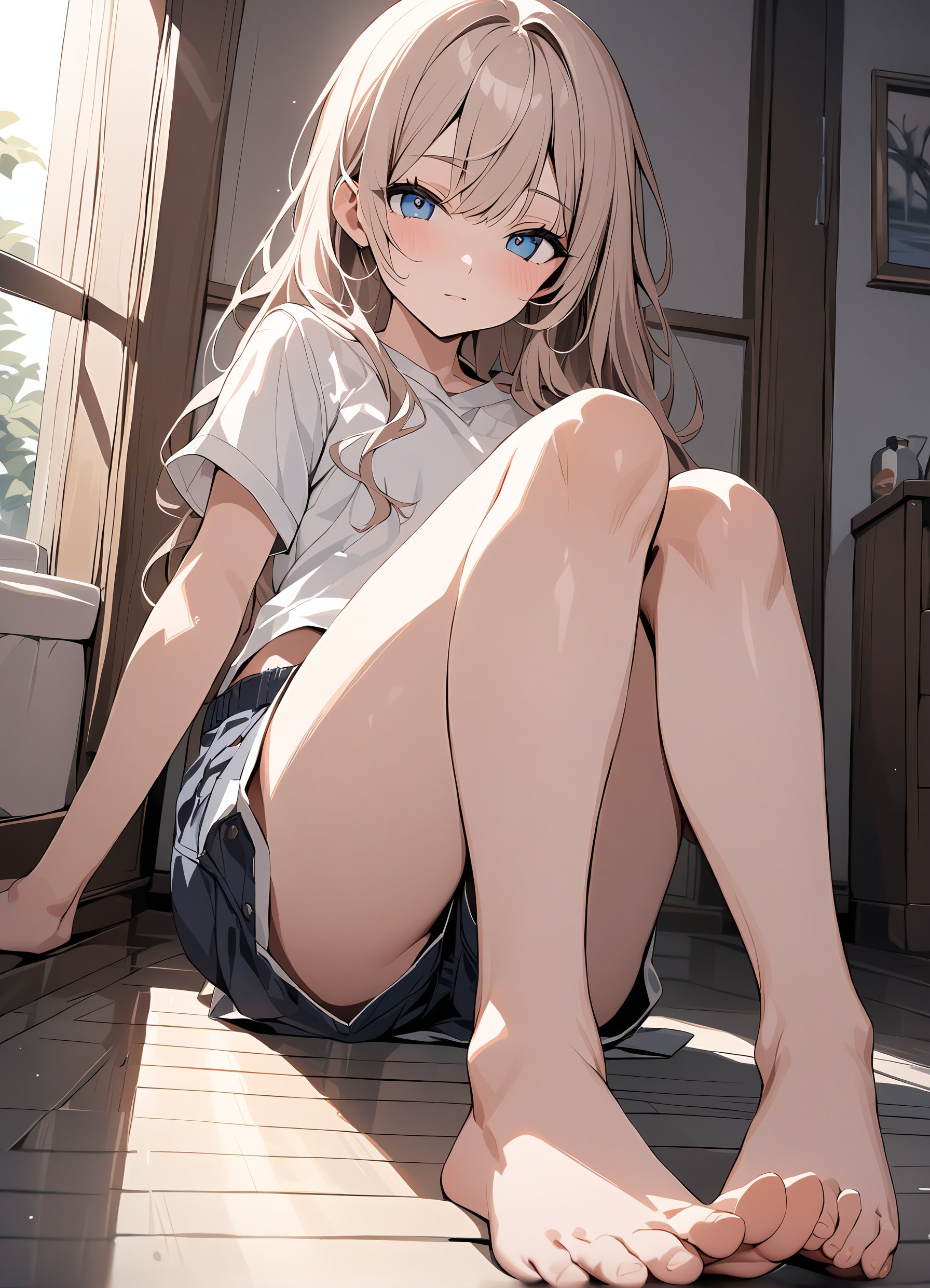 masterpiece, best quality, portrait photo of a 18 years old j-pop girl sitting on the floor, cross legs, bare feet, wearing shorts, white shirt, beautiful face, perfect eyes, long hair, (posing to viewer), (low angle, shot from feet, bare feet),<lora:hinaMaybeBetterPoseXL_v4-rev9:0.4>