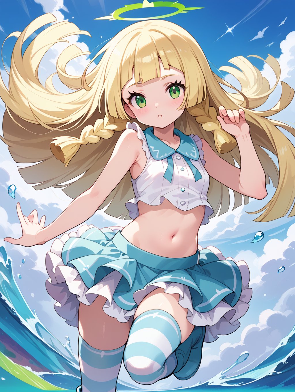 score_9, score_8_up, score_7_up,source_anime,1girl,solo,Lillie_pokemon,blonde hair,long hair,green eyes,braid,small breast,halo,frilled shirt collar, navel,bare shoulders,frilled skirt,aqua skirt,striped thigh highs,miniskirt,boots,ribbon,boots ribbon,fur trim thigh highs