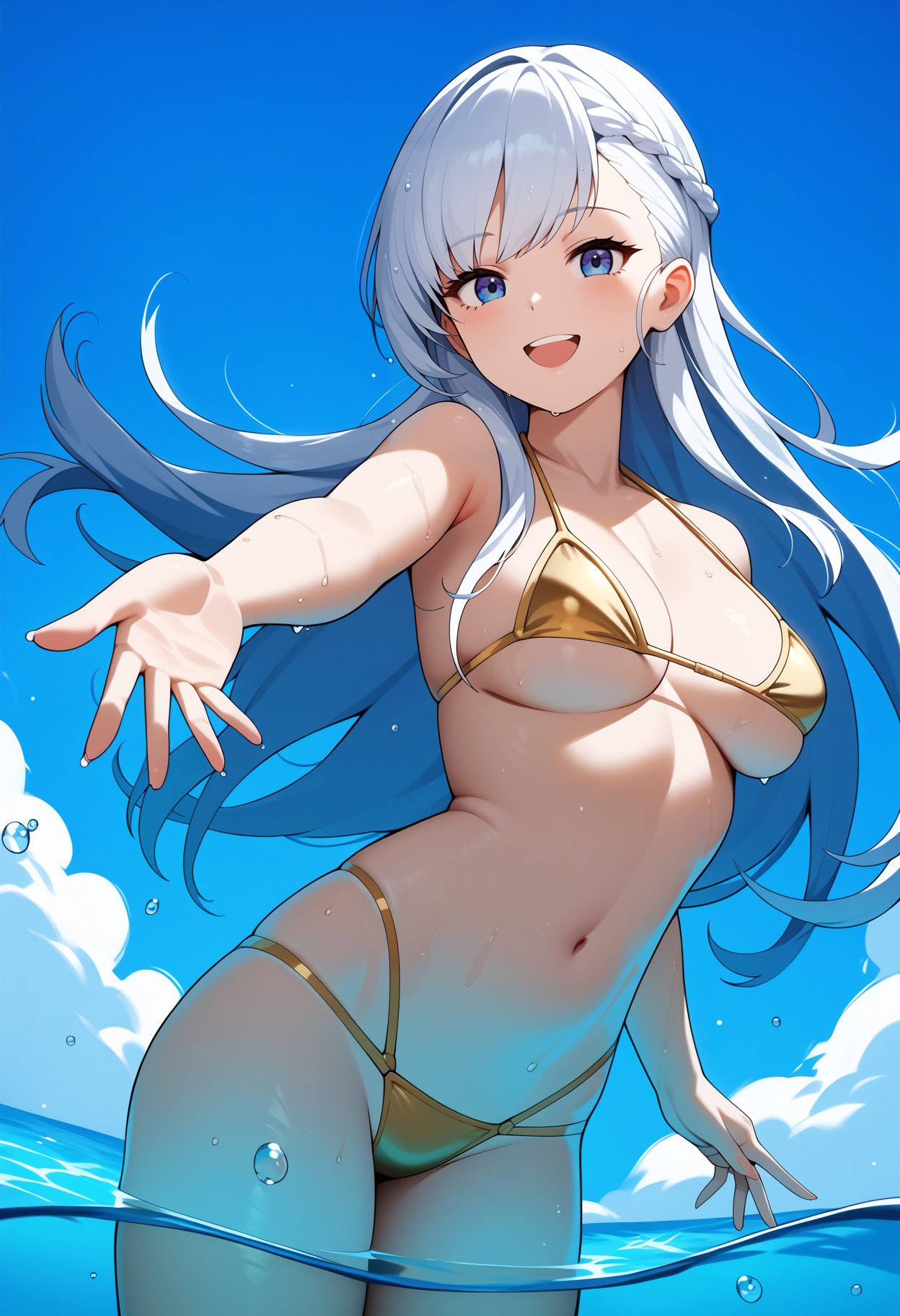 score_9, score_8_up, score_7_up, score_6_up, score_5_up, score_4_up, source_anime, aabelfast, long hair, french braid, <lora:belfast_(azur_lane)_ponyxl_1:0.9>, gold bikini, micro bikini, wet, partially submerged, water. standing, reaching out, smile, open mouth, blue sky