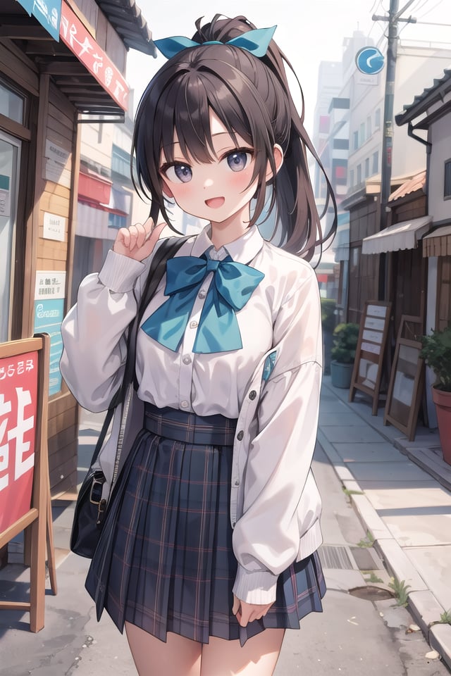 insanely detailed, absurdres, ultra-highres, ultra-detailed, best quality,1girl, solo, nice hands, perfect handsBREAKjirai kei,plaid skirt, shirt, long sleeves, bow, blue skirt, white shoulder frilly shirt, outdoors, blue bow, long hair, (cleavage:-1.5)BREAKhappy smile, laugh, open mouthBREAK45 angle,standing, cowboy shot, looking at viewerBREAKslender, kawaii, perfect symmetrical face, ultra cute girl, ultra cute face, ultra detailed eyes, ultra detailed hair, ultra cute, ultra beautifulBREAKin japanese street, cityscape in japan, depth of field, ultra detailed backgroundBREAKlarge breastsBREAKblack hair, black eyes, ponytail,