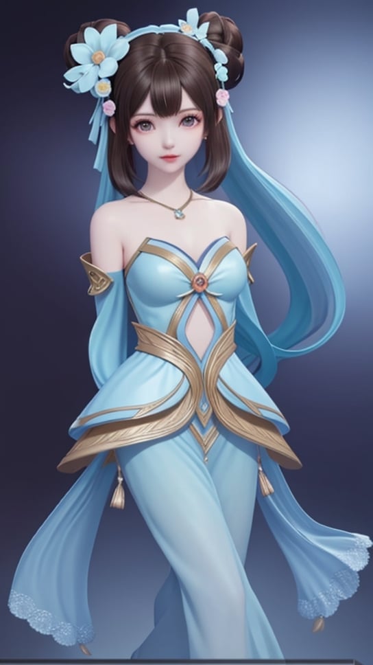 (1girl),smooth chin,masterpiece,detailed face,((hair ornament)),top quality,4k,make up,best quality,medium breasts,(looking at viewer),long legs,double bun,jewelry hair,dress,detached sleeves,ribbon,shawl,light blue skirt,puffy pants,hair rings,hair flower,(wariza),(arms behind back),bangs,jewelry on bangs,<lora:王者 小乔 青蛇SD_v1.0:0.6>,