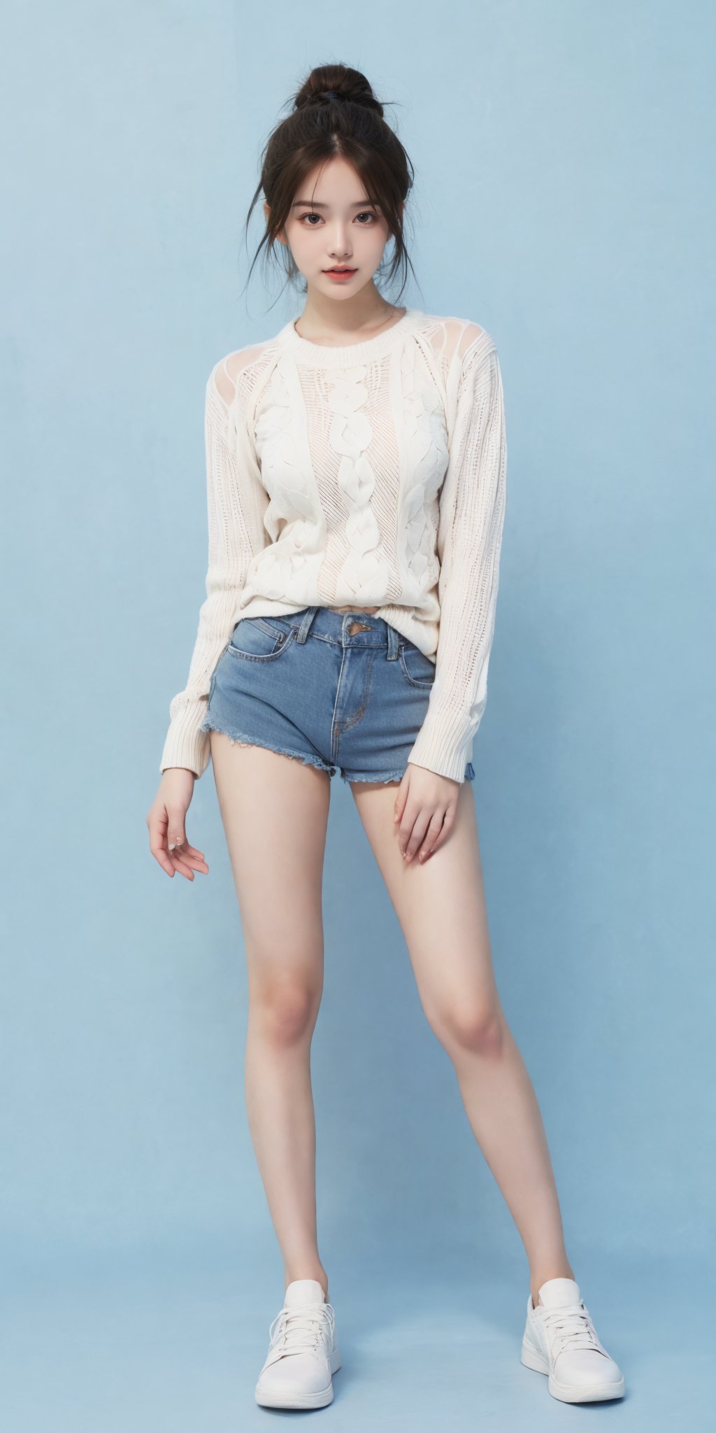 1girl,(standing:1.3),(denim_shorts:1.2),(blue background:1.3),(white sweater:1.2),white sneaker,