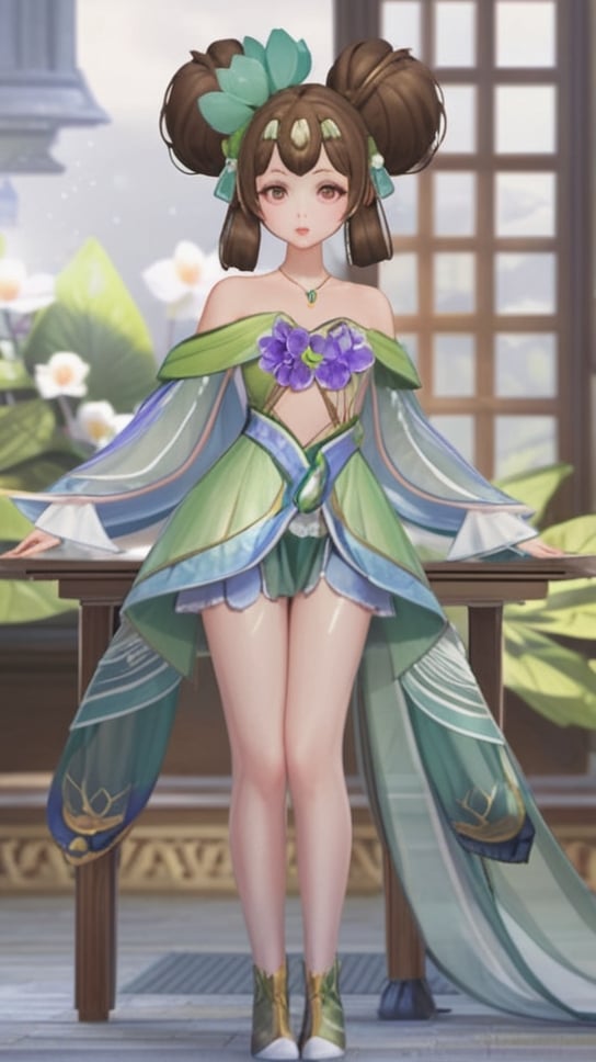 (1girl),smooth chin,masterpiece,detailed face,((hair ornament)),top quality,4k,make up,best quality,small breasts,(looking at viewer),(full body),long legs,(wariza:1.5),kneeling,double bun,jewelry hair,dress,detached sleeves,ribbon,shawl,green skirt,puffy panties,hair rings,hair flower,<lora:王者_小乔XL_v2.0-000008:0.7>,