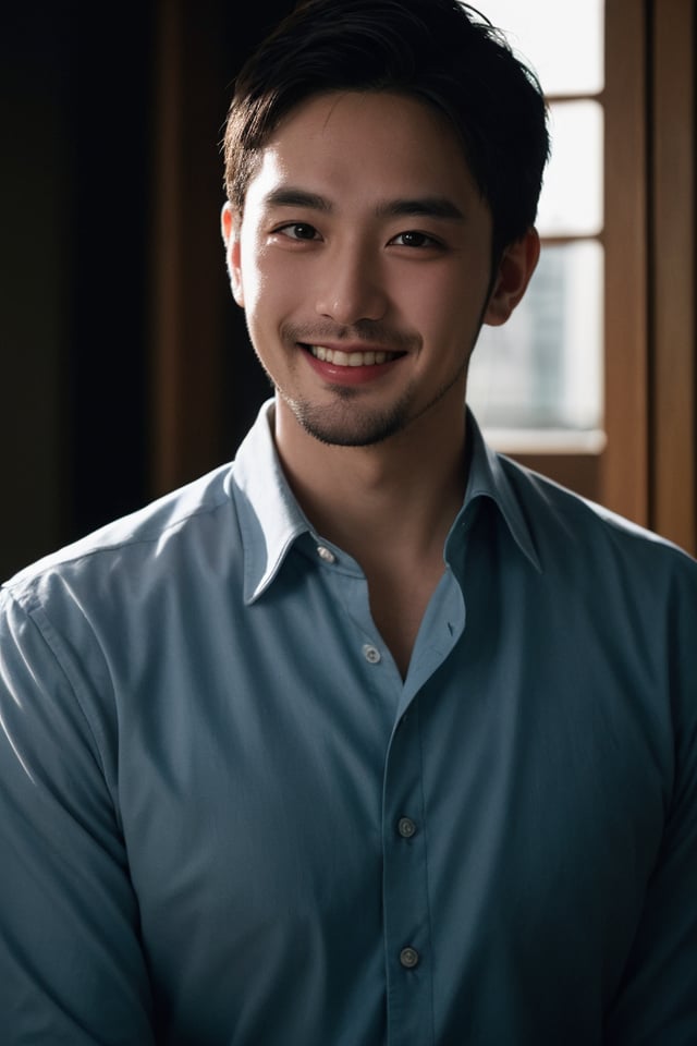 RAW photo, face portrait photo of beautiful 32 y.o man, wearing dress, happy face, cinematic shot, dramatic lighting