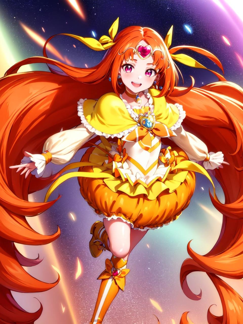 masterpiece, best quality, looking_at_viewer, depth_of_field, full body,1girl, <lora:locon_cure_muse_01_release:0.9>, cure muse, orange hair, hair ribbon, yellow choker, jewelry, brooch, capelet, tiara, boots,smile, standing, gradient background, 