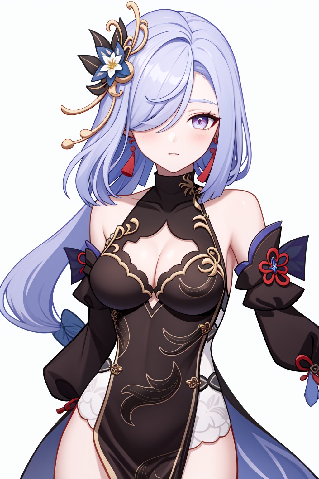 <lora:申鹤皮肤v2:1:lbw=char>,1girl,shenhe \(genshin impact\),bare shoulders,detached sleeves,black dress,alternate costume,tassel,china dress,long sleeves,tassel earrings,high quality,chinese clothes,cleavage,flower,, (masterpiece,best quality,high quality:1.2),absurdres,