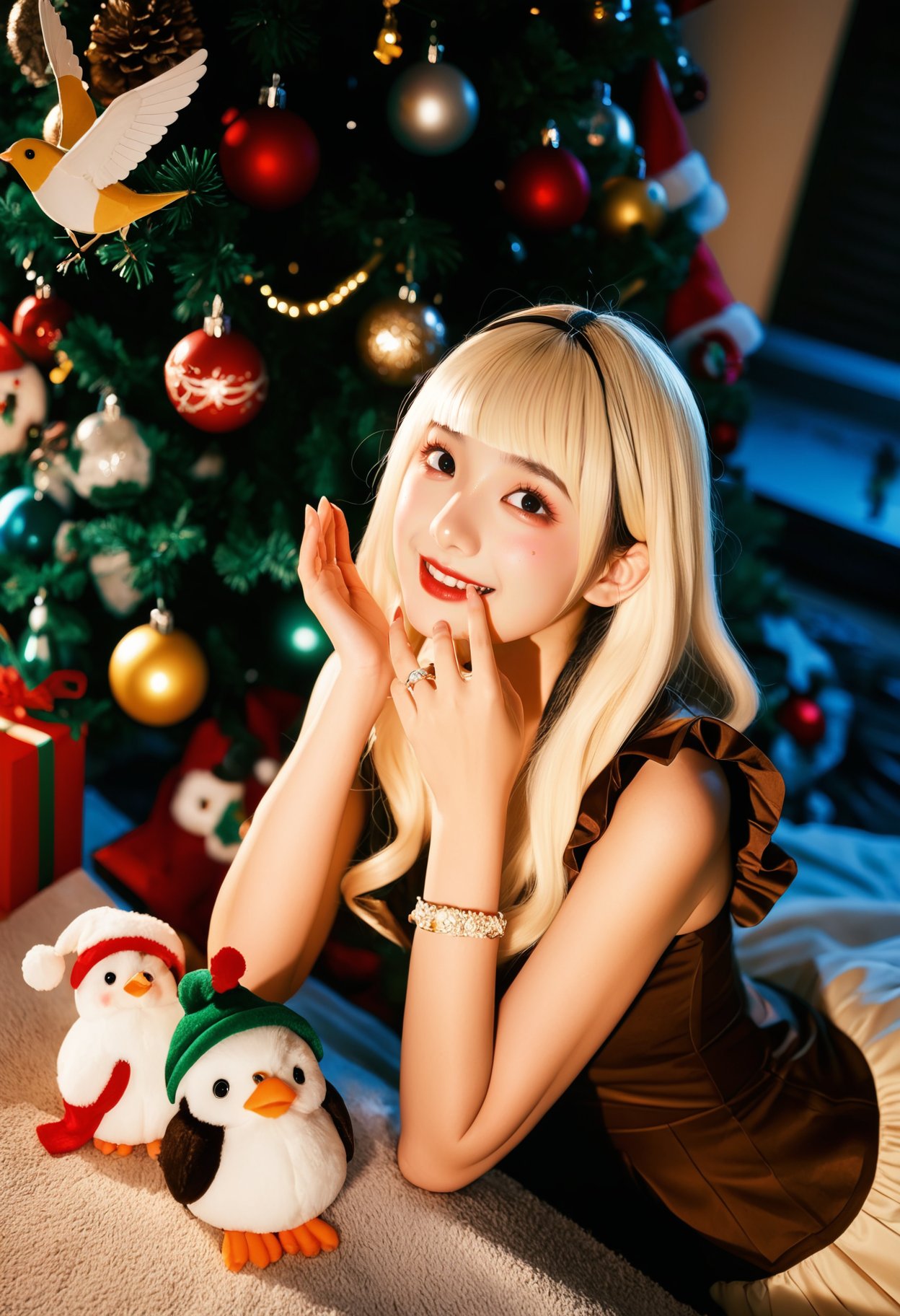 photograph Cosplay, anime artwork, cheerful young woman, long blonde hair, brown and cream dress with bird motif, sitting pose, playful hand gesture near eye, soft lighting, festive atmosphere, Christmas tree with ornaments, plush toys in background, warm and joyful mood., 50mm . cinematic 4k epic detailed 4k epic detailed photograph shot on kodak detailed cinematic hbo dark moody, 35mm photo, grainy, vignette, vintage, Kodachrome, Lomography, stained, highly detailed, found footage