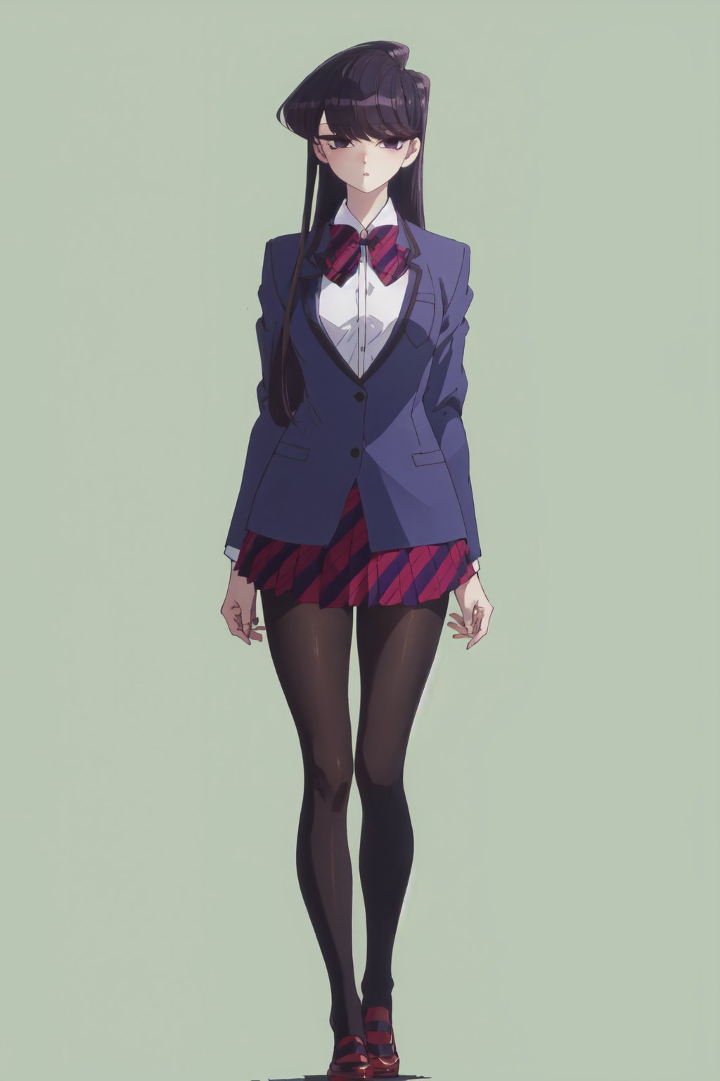 <lora:Shouko-000010:1>,Shouko CYQL,1girl,solo,looking at viewer,long hair,black hair,black eyes,school uniform,long sleeves,jacket,blue jacket,shirt,collared shirt,white shirt,bowtie,striped bowtie,skirt,red skirt,pleated skirt,striped skirt,pantyhose,black pantyhose,shoes,uwabaki,lawngreen background,simple background,posing,masterpiece,best quality,beautiful and aesthetic,