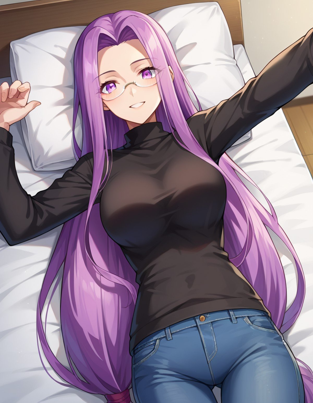 score_9, score_8_up, score_7_up, source_anime,medusarider, <lora:medusa-rider-ponyxl-lora-nochekaiser:1>,medusa rider, long hair, very long hair, purple hair, smile,long sleeves, purple eyes, glasses, pants, sweater, turtleneck, denim, low-tied long hair, jeans, black sweater,indoors, bed, bed room, lying on back, pillow,looking at viewer, cowboy shot, dutch angle, arm support, arms up, incoming hug, pov, reaching, reaching towards viewer,