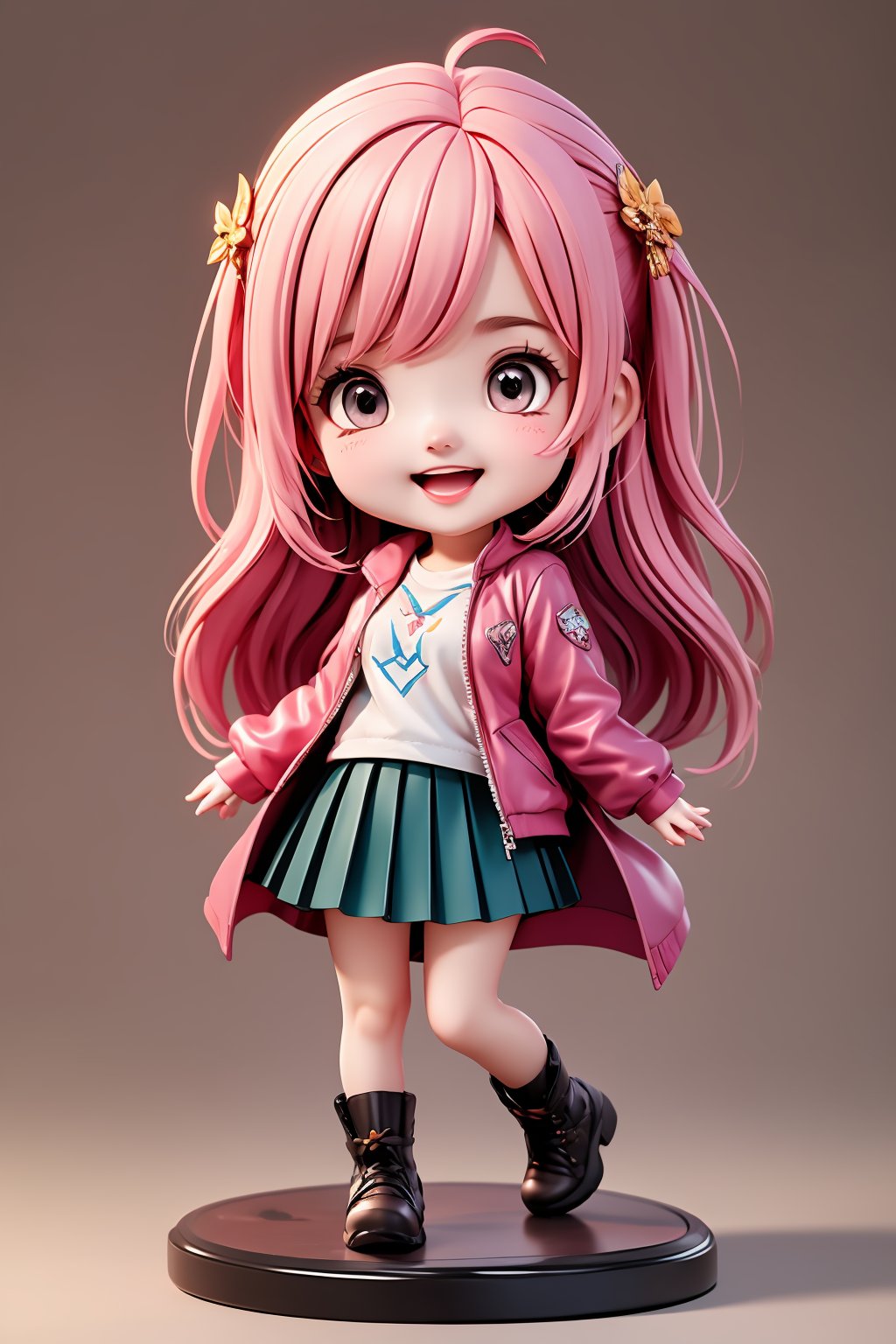 1girl, solo, chibi, footwear, skirt, pink hair, long hair, boots, open mouth, skirt, hair ornament, looking at viewer, smile, jacket, full body, pleated skirt, long sleeves, shirt, open clothes, shirt, white jacket, standing, coat, blush, standing on one leg,