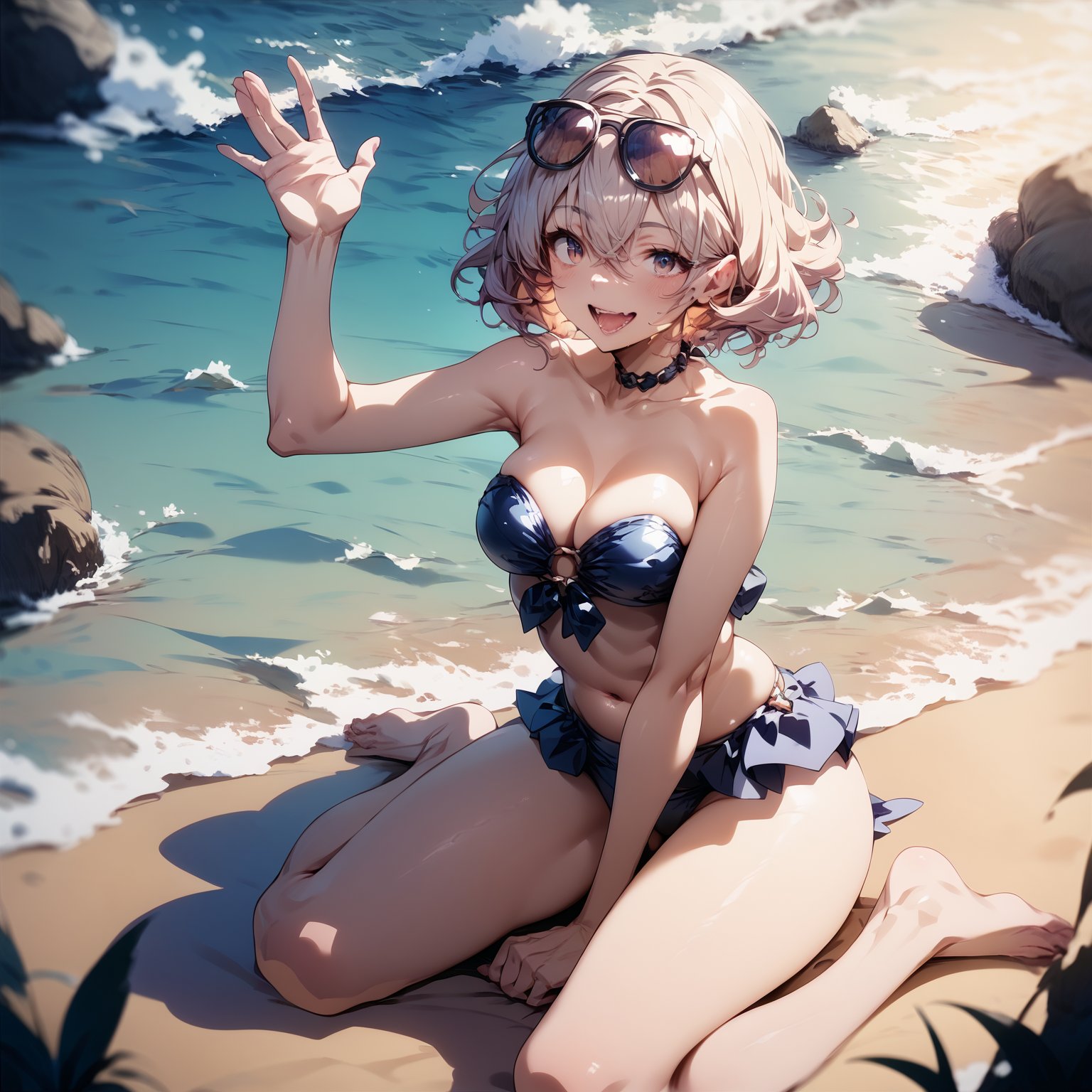 score_9,score_8_up,score_7_up,1girl,eyewear_on_head,waving_hair,strapless_bikini,sitting_on_beach,