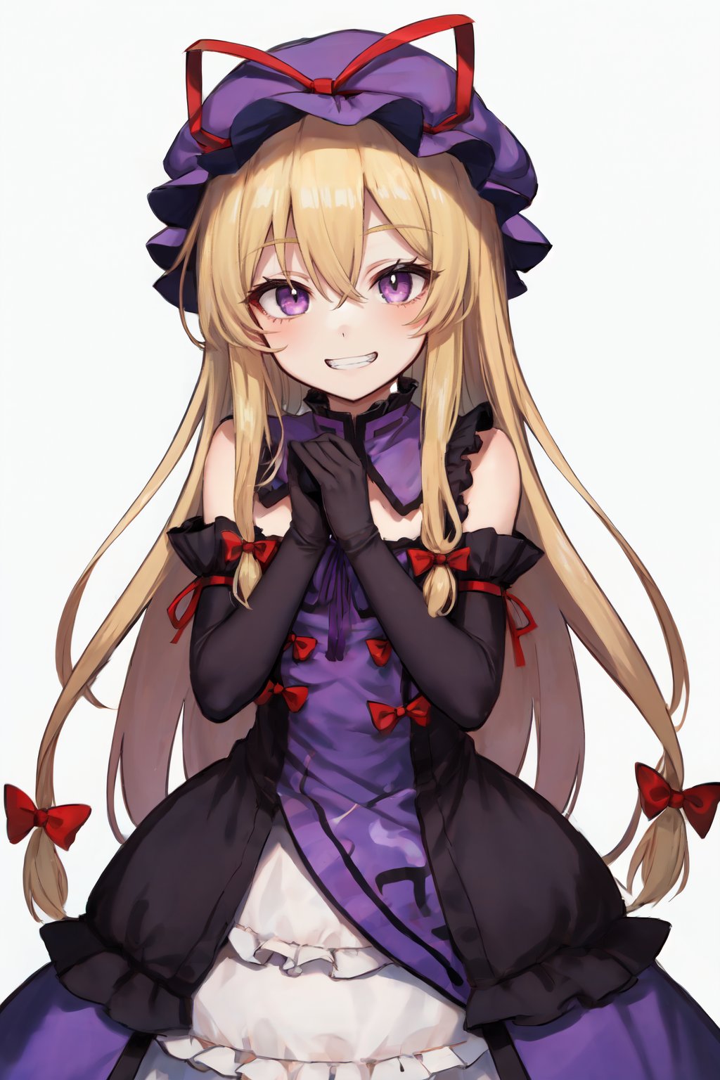 1girl, yakumo yukari, , touhou, blonde hair, dress, elbow gloves, frilled dress, frills, gloves, grin, hair between eyes, hair ribbon, hands up, hat, long hair, looking at viewer, mob cap, purple dress, purple eyes, red ribbon, ribbon, simple background, smile, solo, tress ribbon, white background, white gloves, 