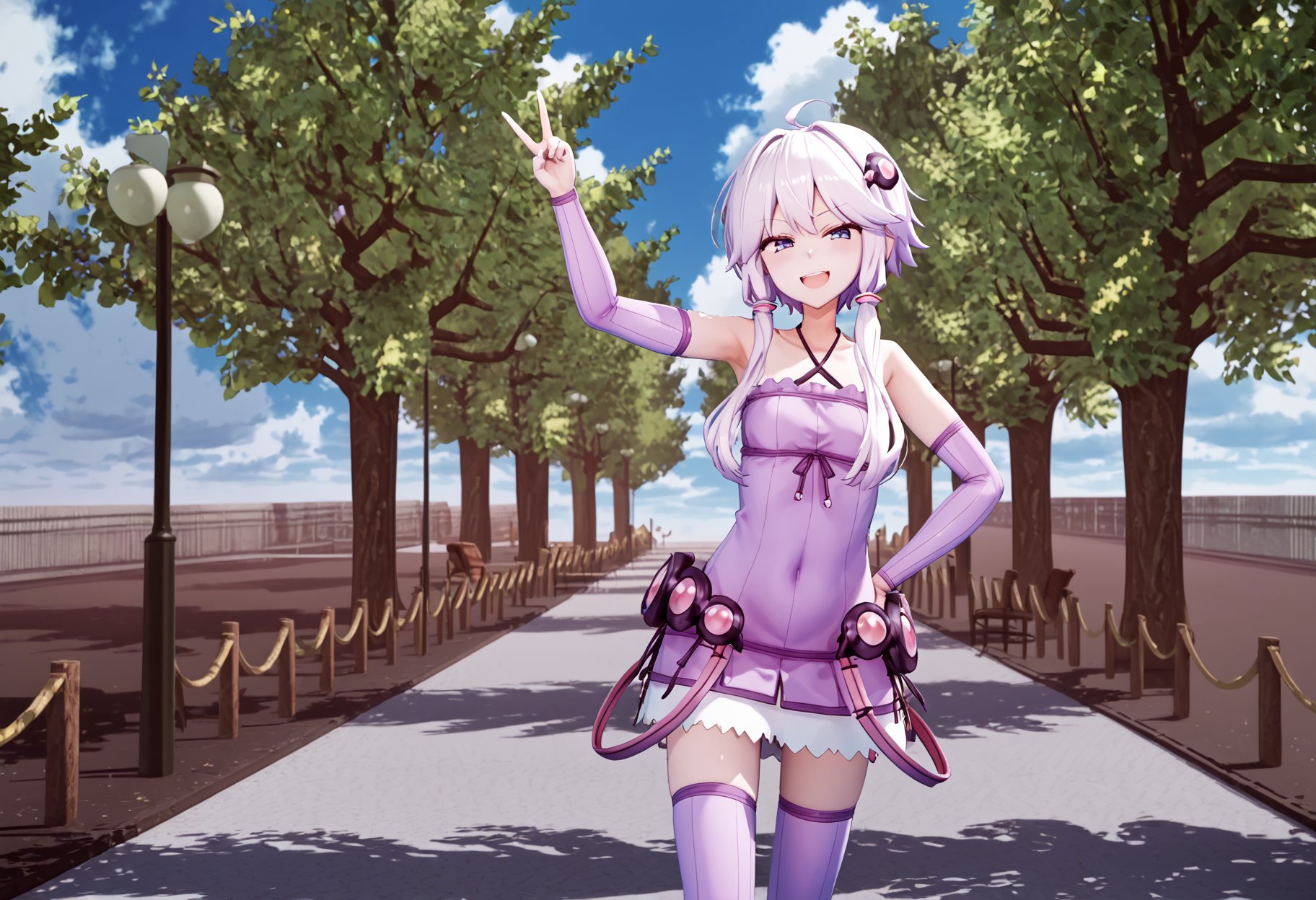 score_9, score_8_up, score_7_up,  <lora:YuzukiYukari_Uzai_V1:1>1girl, blue sky, bridge, closed mouth, cloud, cowboy shot, day, facing viewer, feet out of frame, hand on hip, jacket, lamppost, looking at viewer, open mouth, outdoors, outstretched arm, park, photo background, road, scenery, shadow, sleeveless, sleeveless dress, smile, solo, standing, tree, w, walking, wide shot, zettai ryouikismug, smirk, blush, teeth, peace sign, double peace sign,>_<,><;,