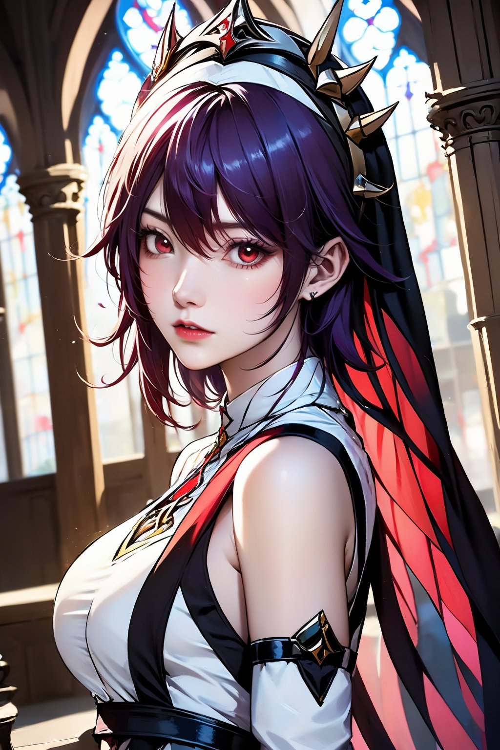 AgainAnimeLora2.8D, 1girl, rosaria \(genshin impact\), solo, red hair, looking at viewer, church, breasts, bare shoulders, petals, nun, red eyes, habit, purple hair, lips, hair between eyes, upper body, detached sleeves, multicolored hair, medium breasts, stained glass, veil, streaked hair, jewelry, sleeveless, mole, earrings, closed mouth, falling petals, parted lips, eyelashes, red lips, short hair, indoors, shirt, from side, mole under eye, long hair, multicolored headwear, nose, tiara, white shirt
