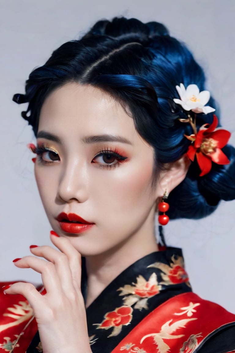 1girl,solo,hair ornament,flower,hair flower,makeup,blue hair,eyelashes,dacing,white background,black hair,eyeshadow,lips,profile,parted lips,chinese clothes,red lips,bare shoulders,upper body,lipstick,simple background,solid-best-physical-appearance-perfect::2,perfect hands,