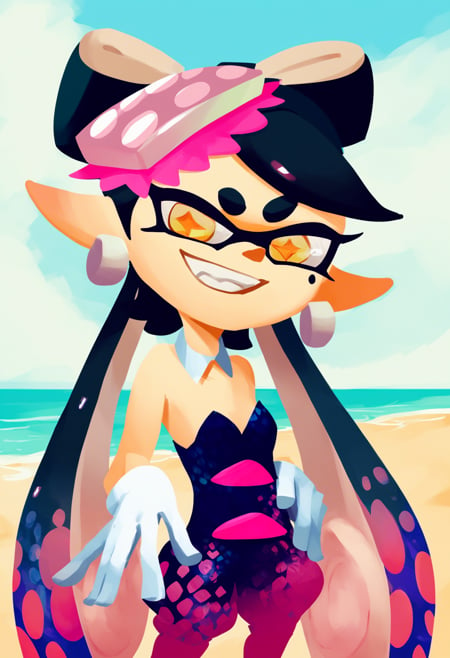 score_9, score_8_up, score_7_up, score_6_up, score_5_up, score_4_up, BREAK,1girl, callie \(splatoon\),  long hair, black hair, yellow eyes,  pointy ears, tentacle hair, inkling, detached collar, dress, purple pantyhose, short jumpsuit, strapless,  white gloves, challenging the viewer, smirk, BREAK, sand, sea, blue sky, tropical island background    <lora:SplatoonXLLocon:1>