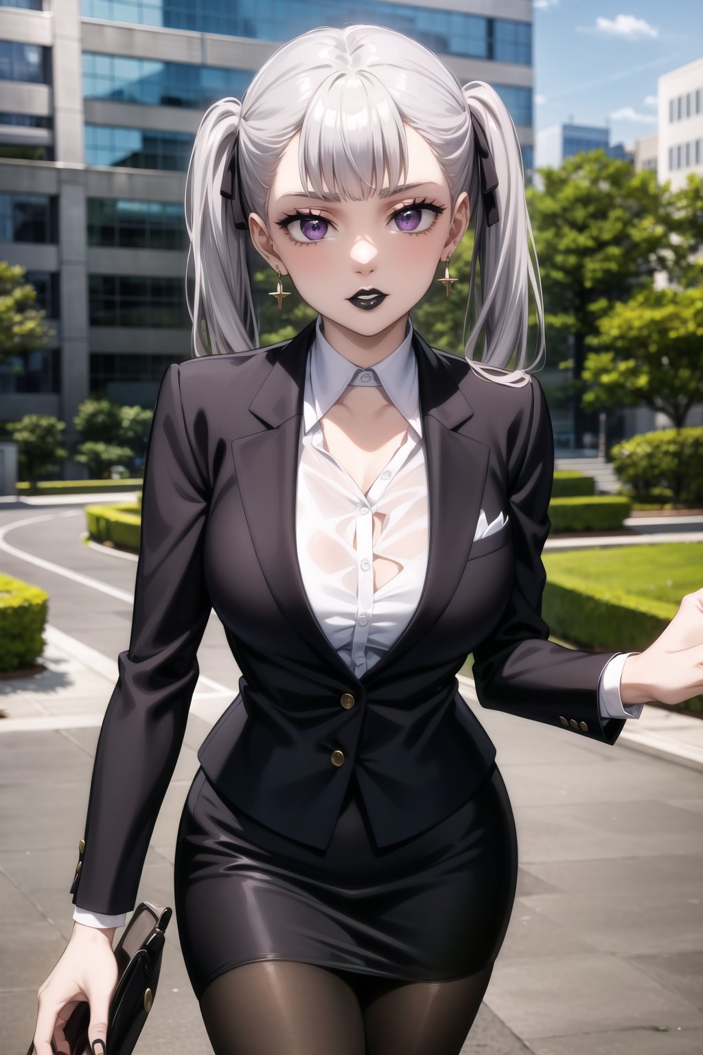 masterpiece, best quality, highres,Sexy,black lips:1.3, makeup:1.2, lipstick:1.2,noelle_silva, silver hair,purple eyes, twintails, bangs, earrings, jewelry ,hoop earrings, formal:1.2, office lady,, black suit, white shirt, open suit, black pencil skirt, pantyhose, elegant, outdoors, modern, looking at viewer, best quality, ,lips<lora:EMS-401523-EMS:0.600000>, <lora:EMS-12629-EMS:0.600000>, <lora:EMS-93-EMS:0.400000>