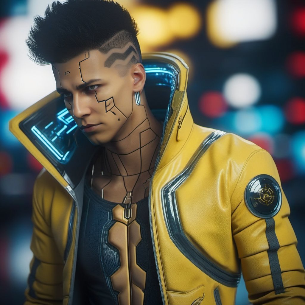 DavidMartinez1024, a cyborg man, yellow jacket, cyberpunk background, highly detailed, photography, ultra sharp, film, bokeh, professional, 64k  <lora:DavidMartinez1024:0.8>