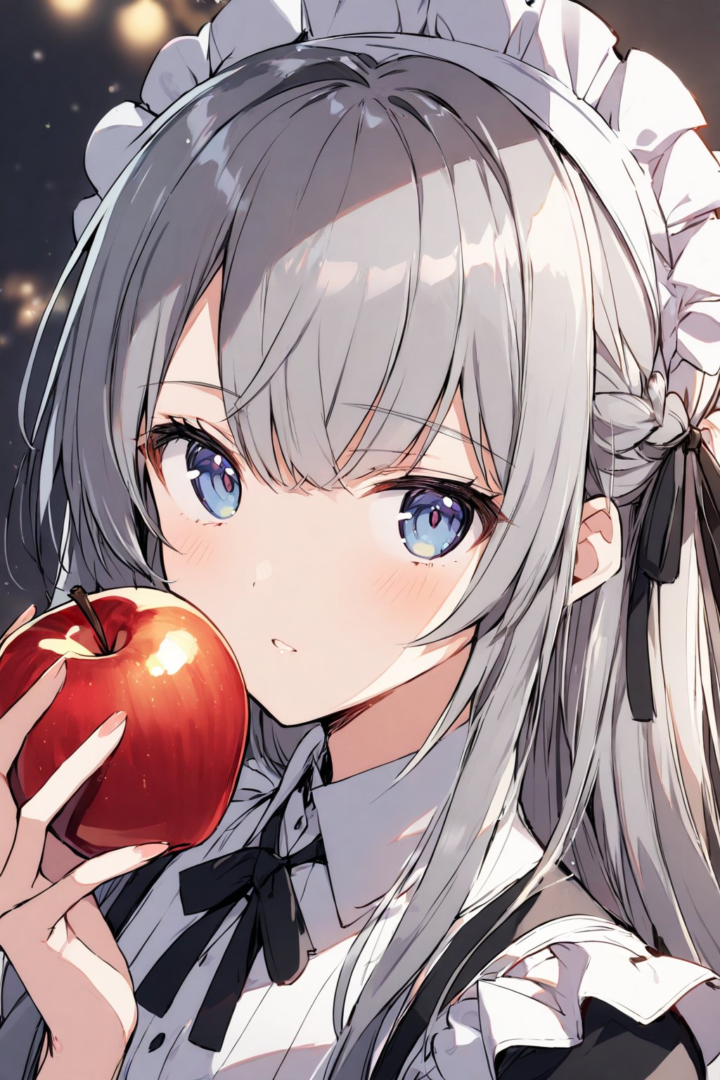 1girl, solo, Grey hair, long hair, maid's outfit, close-up of face, looking at viewer, holding apple in hand,best quality, absurdres