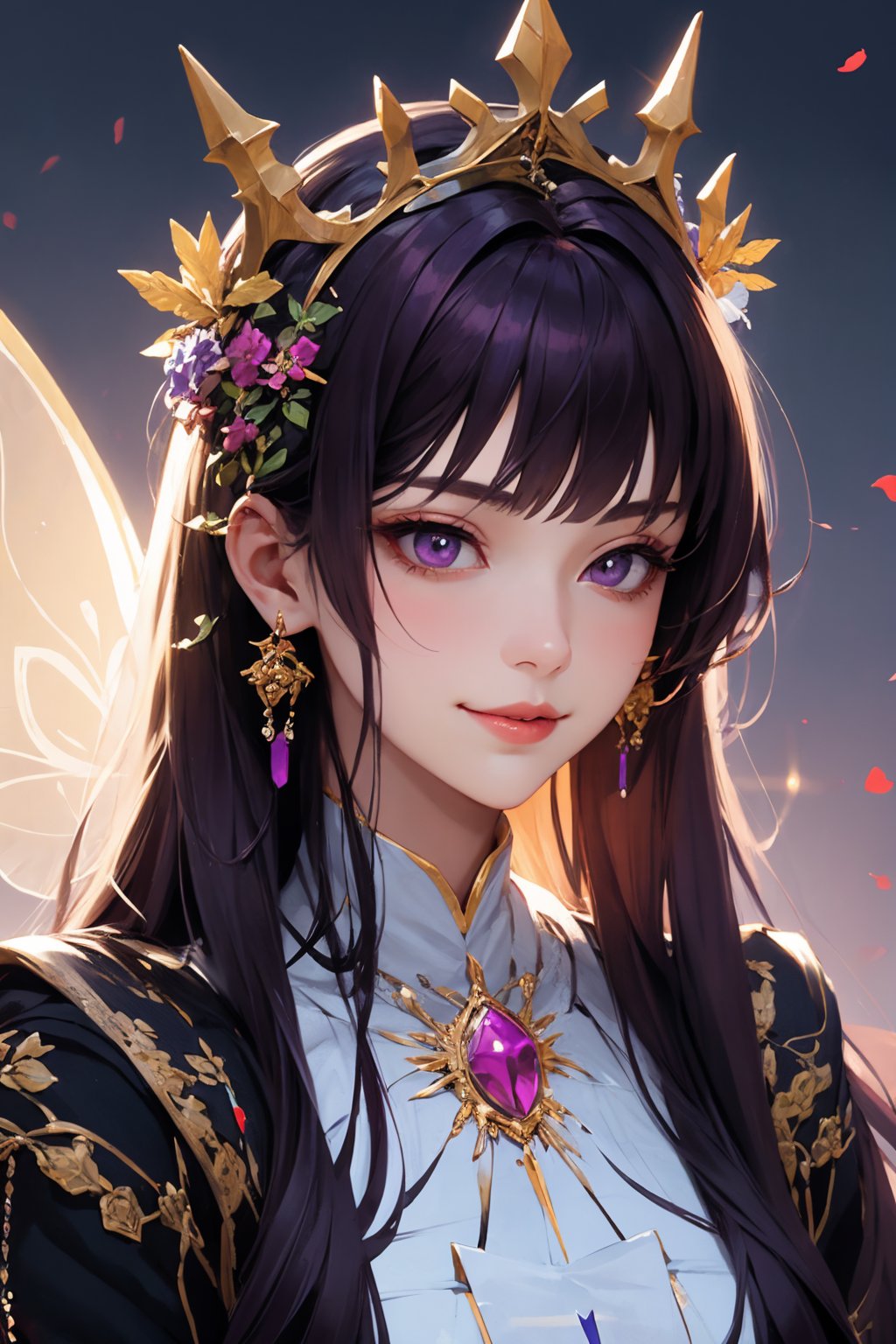 (masterpiece, best quality), intricate details, beautiful girl, purple hair, blunt bangs, light purple eyes, sharp jawline, Fairy queen crowns with cascading flowers, long hair, lips, upper body, smirk