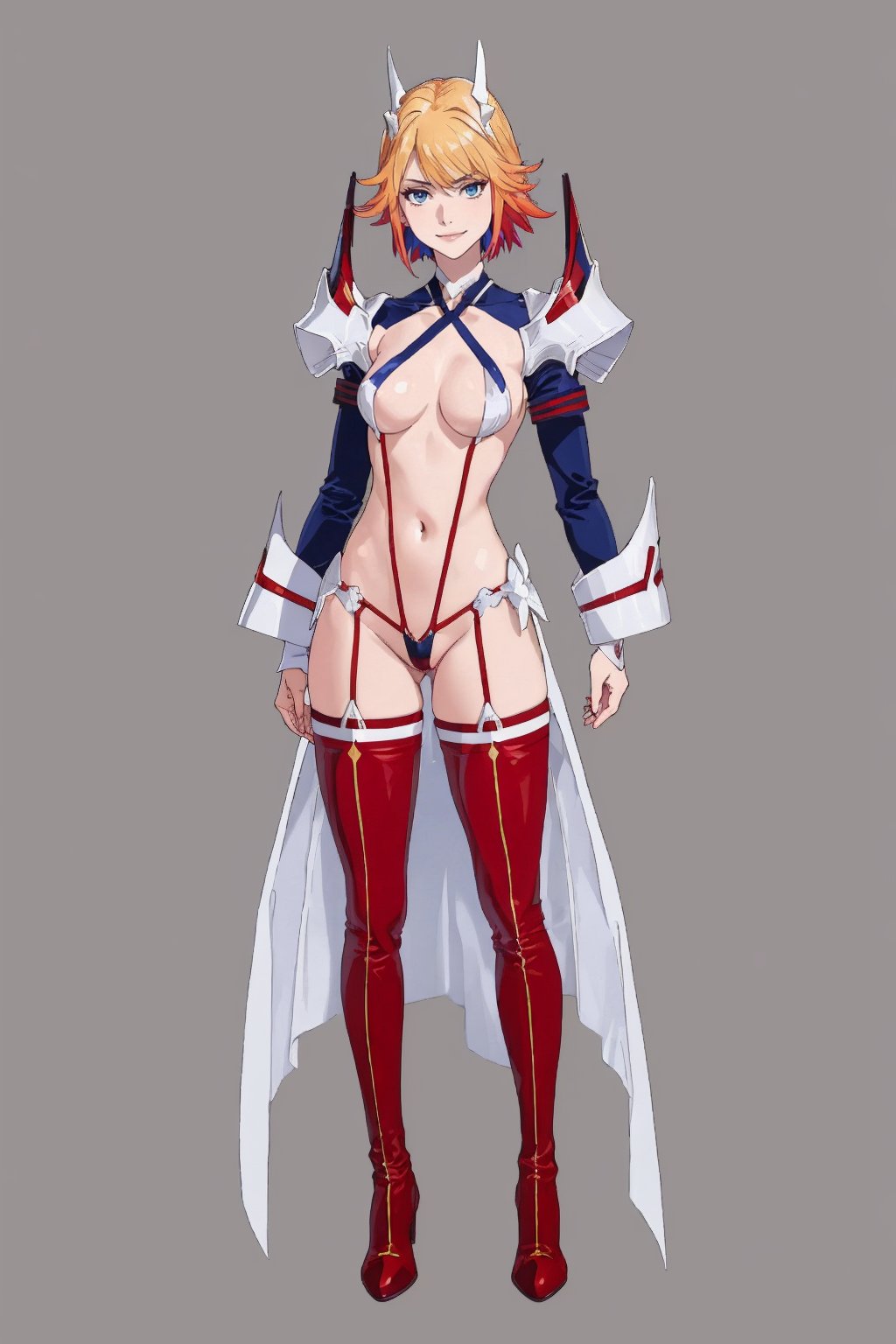 ((Masterpiece, best quality,edgQuality)),smile,edgKLK, short hair, blue eyes, blonde hair, white background, medium breasts, full body, red hair, multicolored hair, boots, high heels, two-tone hair, underboob, thigh boots, suspenders, revealing clothes, high heel boots ,wearing edgKLK_outfit<lora:edgKilllaKill_nai:0.8>((edgCCH, collarbone, halterneck ,criss-cross halter))<lora:edgCrissCrossHalter:1>