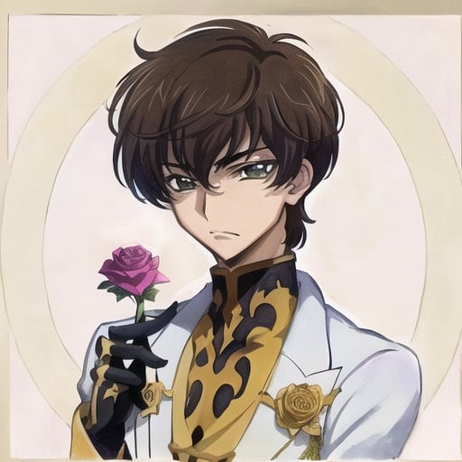 Botanical illustration, masterpiece, best quality, extremely detailed, white_rose, 💮,watercolor, masterpiece, best quality, extremely detailed, suzaku_R2,  (no_cape), 1boy, solo, upper body, looking at flower,  (Botanical illustration:1.5), kururugi_suzaku, beautiful_eyes_and_face, 🤦‍♂️, 