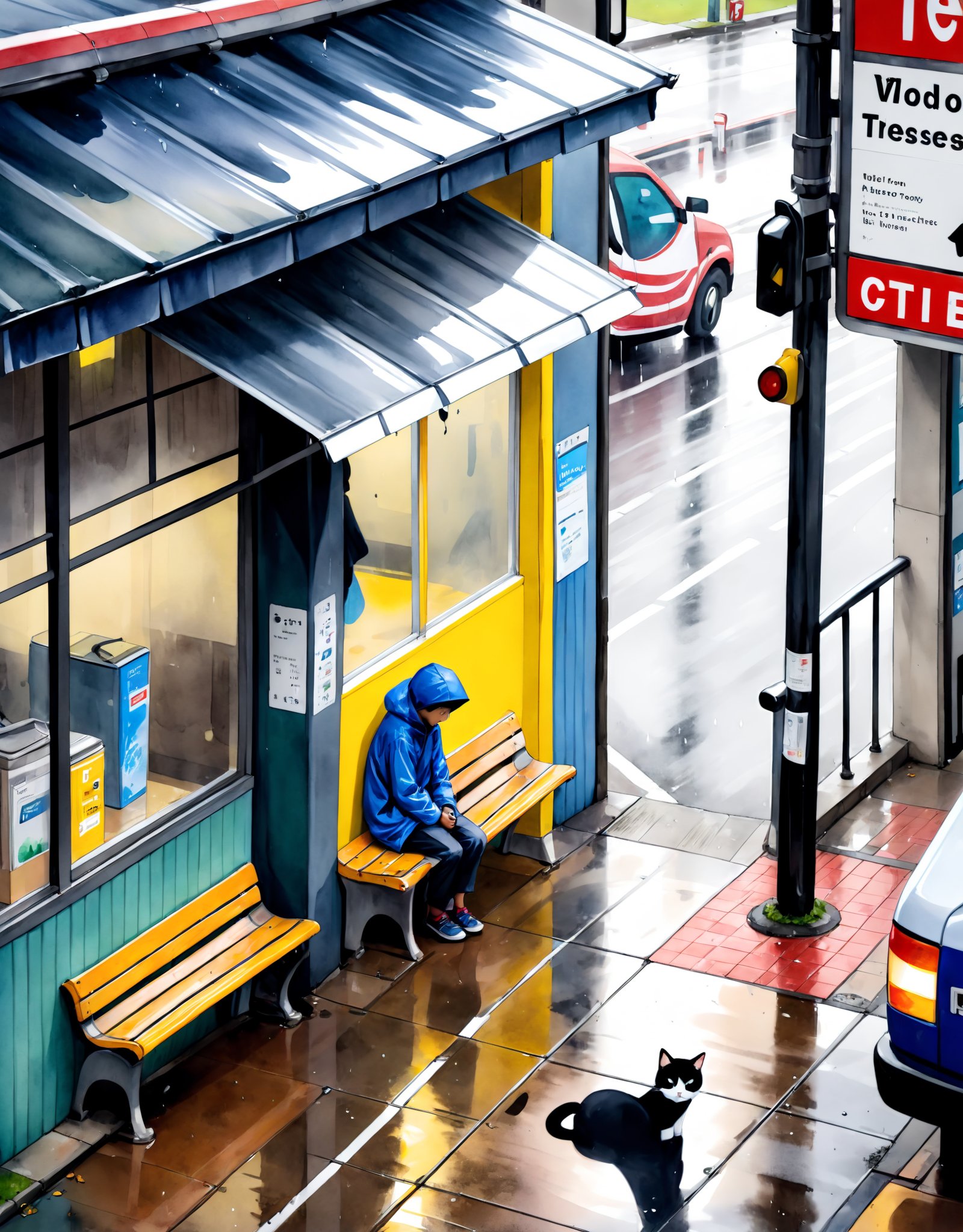 A watercolor painting of a rainy day at the bus stop, captured from above. The scene includes a tin roof, a boy sitting on a bench, and a cat curled up a short distance away.