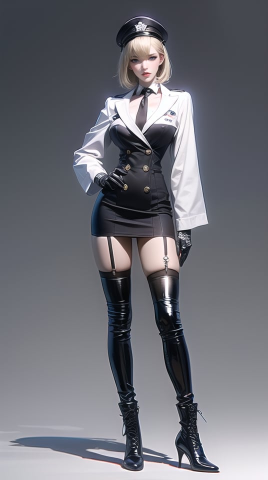 (best quality), ((masterpiece)), (highres), illustration, original, extremely detailed,1girl, solo, gloves, cross-laced footwear, boots, garter straps, white background, white gloves, hat, union jack, high heels, thighhighs, buttons, standing, full body, simple background, blonde hair, black footwear, lace-up boots, looking at viewer, detached sleeves, sailor collar, asymmetrical footwear, white headwear, bangs, high heel boots, peaked cap, breasts, microdress, parted lips, dress, adjusting clothes, flag print, black dress, thigh boots, knee boots, skindentation, double-breasted, aqua eyes, hair between eyes, asymmetrical legwear, blue eyes, medium breasts, necktie, white thighhighs, medium hair, long sleeves, jacket, collarbone