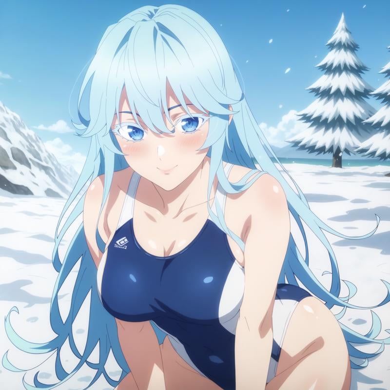 anime screencap, score_9, score_7_upBREAKelfaria_olis, 1girl, solo, light blue hair, long hair, colored eyelashes, blue eyes, competition swimsuit, looking at viewer, smile, closed mouth, blushBREAKsnow<lora:elfaria_Wistoria_ponyxl_v1_char:1> <lora:elfaria_Wistoria_ponyxl_v1_style:1>