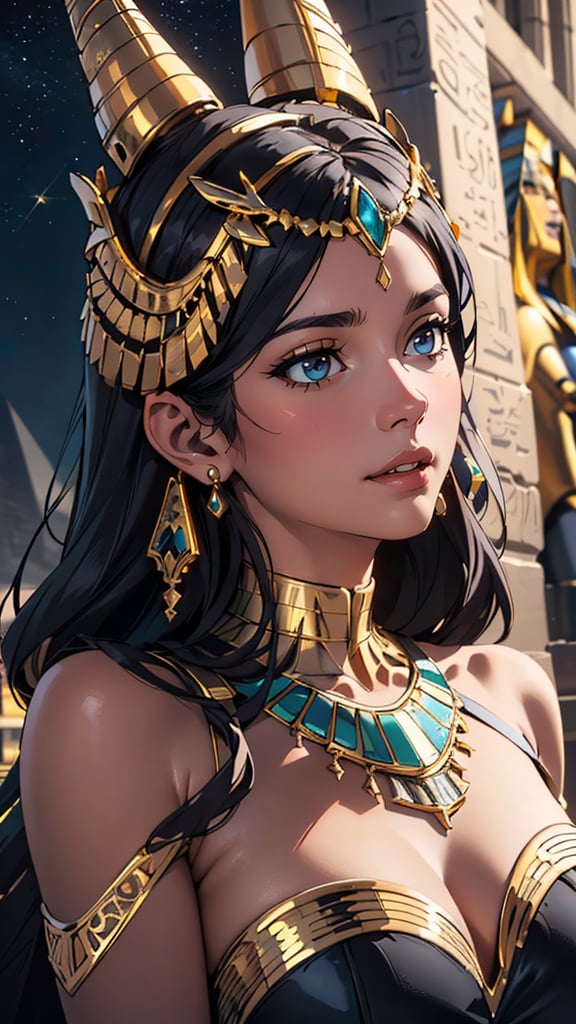 (best quality, masterpiece, colorful, dynamic angle, highest detailed) Realistic photo, fashion photography of a egyptian goddess, gold ornaments, gold reflection, flirting with POV, ultra detailed textures, perfect night, Egypt, pyramids, (intricate details, hyperdetailed:1.15), detailed, moonlight passing through hair, (official art, extreme detailed, highest detailed), HDR+