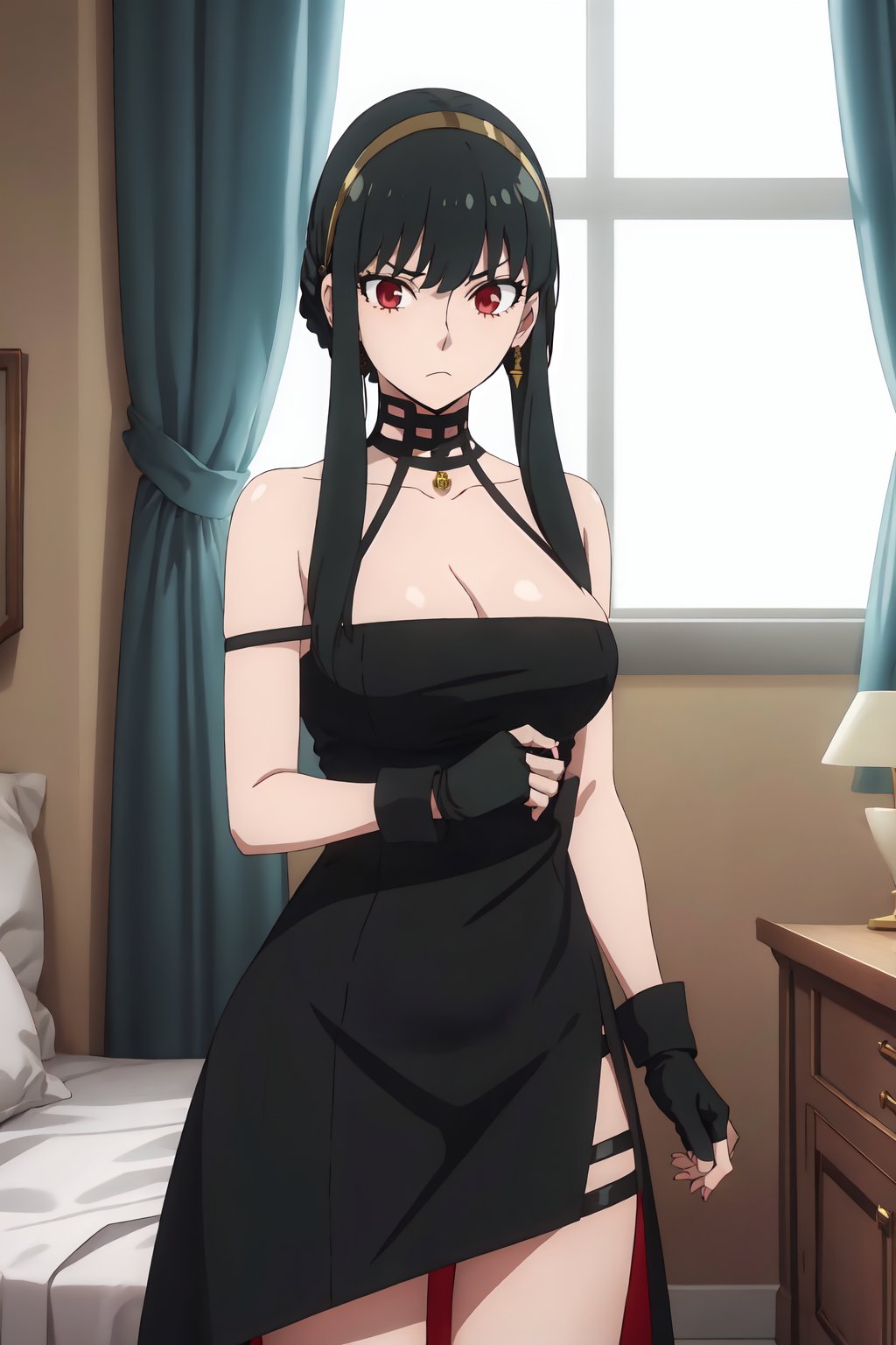 yor briar, 4k, absurd, high resolution, very high resolution, high definition, masterpiece, 1girl, solo, long hair, looking at viewer, large breasts, black hair, red eyes, gloves, dress, cleavage, jewelry, sidelocks, hairband, earrings, black gloves, fingerless gloves, black dress, frown<lora:EMS-400146-EMS:0.800000>