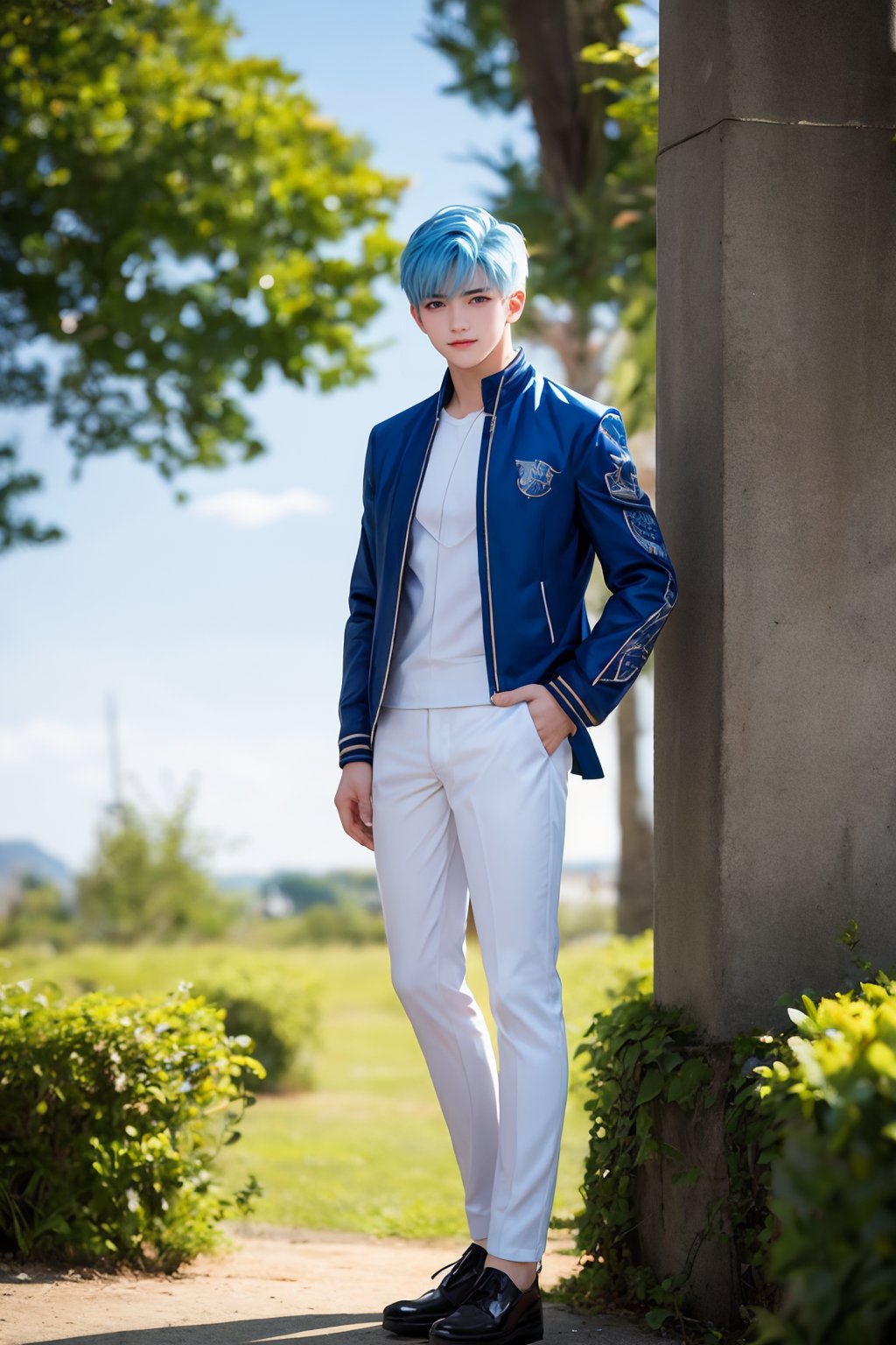 intricate details, hansome boy, Light blue hair, white skin, red eyes, sharp jawline, cropped jacket, full body, smirk, outdoors,