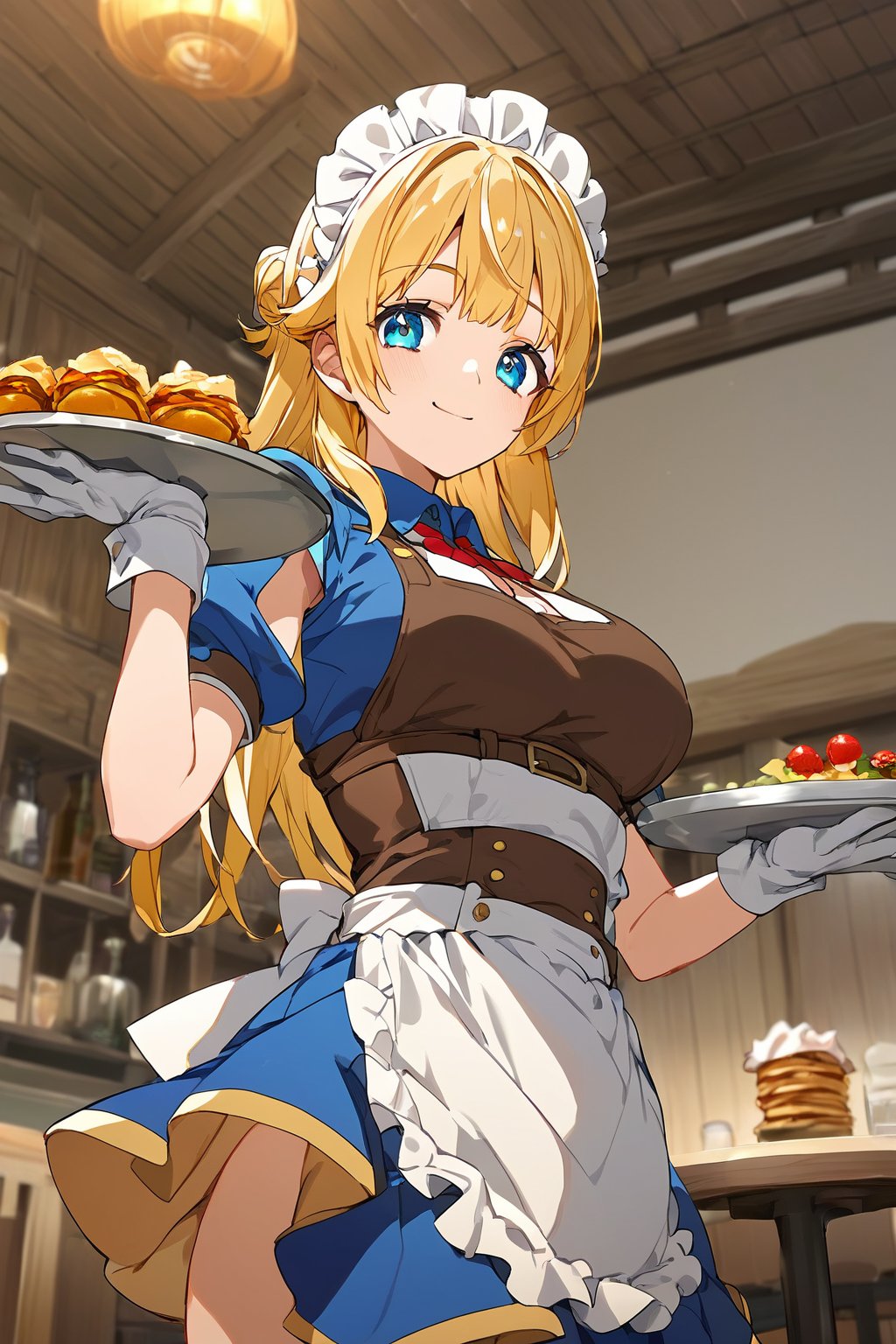 score_9, score_8_up, score_7_up, score_6_up, score_5_up, score_4_up, source_anime,ritto, single hair bun,1girl, solo, smile, apron, blue shirt, blue skirt, frilled apron, frills, gloves, head scarf, shirt, short sleeves, skirt, uniform, waist apron, waitress, white apron, white gloves, food, tray, food tray, indoors, restaurant, looking at viewer, dutch angle, cowboy shot,masterpiece, perfect face, best quality, beautiful girl, cute girl, beautiful eyes, shiny eyes, anime coloring, anime screencap, absurdres, award winning, <lora:ritto nai 903:0.8>