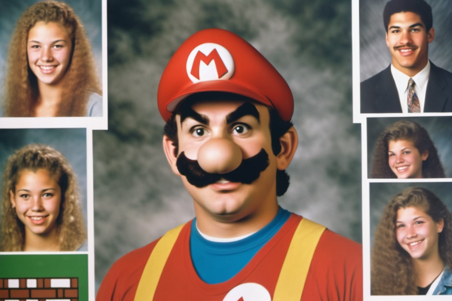 "high school yearbook photo of super mario, realistic image