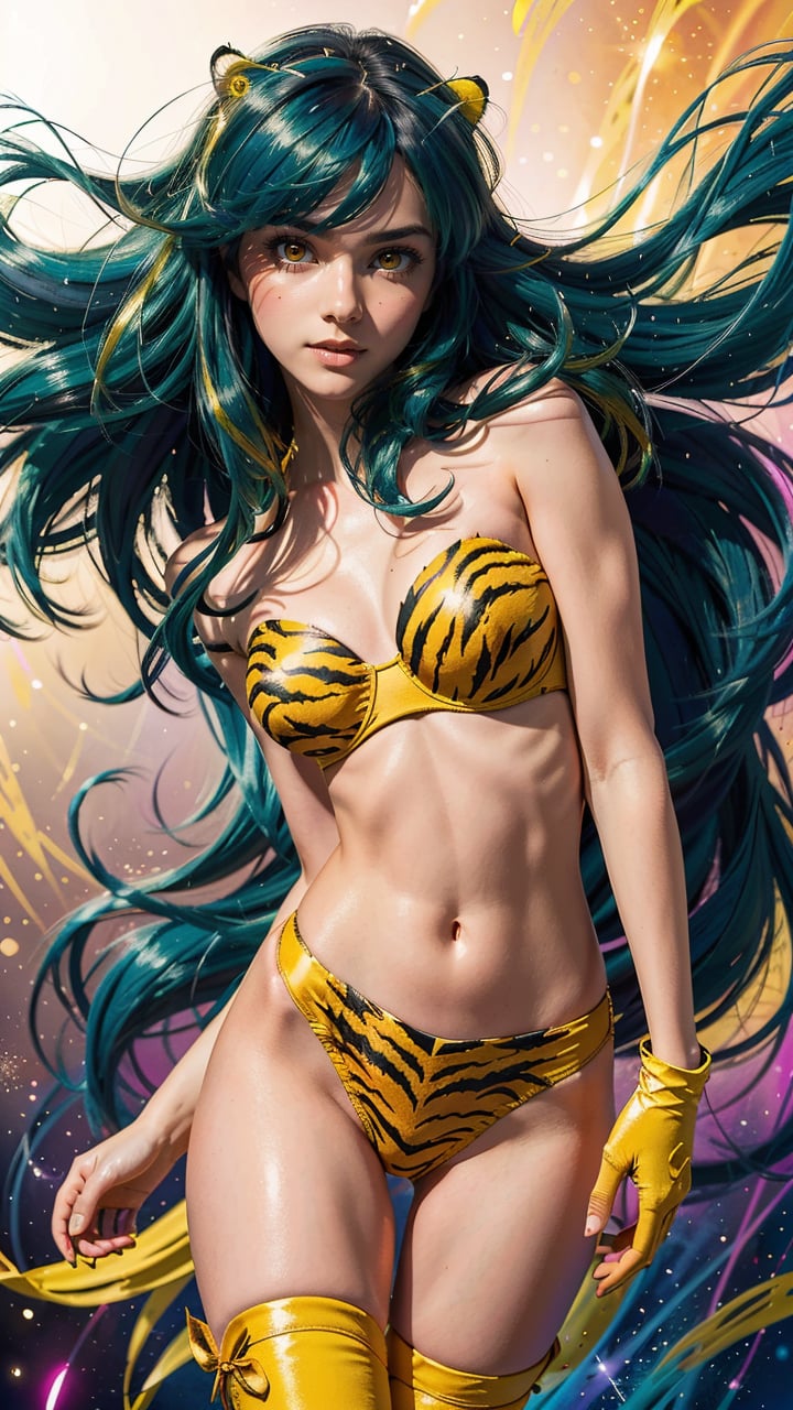 (best quality, masterpiece, colorful, dynamic angle, realistic)\Lum\, cowboy shot, fashion photography of cute, intense long green hair, orange eyes, tiger print, strapless bikini, yellow boots, yellow little horns, small horns, \Lum\, <lora:lum4:0.6> (ultrahigh resolution textures), in dynamic pose, bokeh, light passing through hair, (abstract background:1.3), (official art)