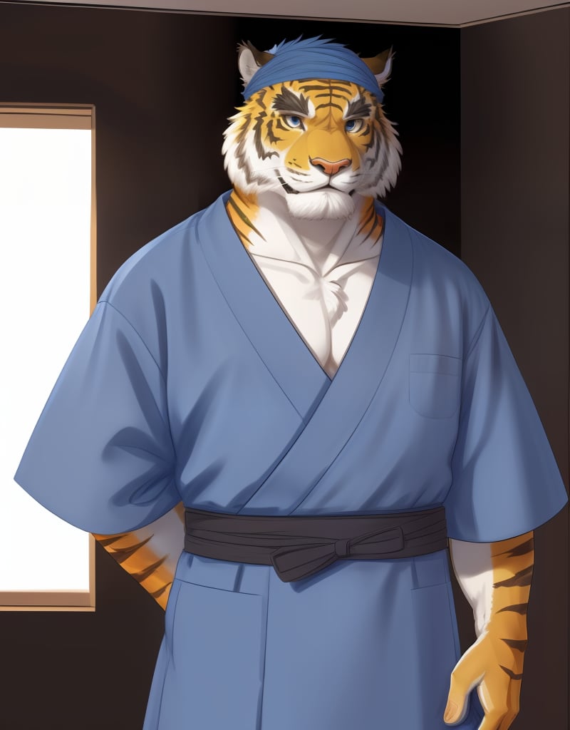 (((detailed eyes, detailed face))), (furry, mototora <lora:character_mototora_findigo_v3+1:1>, white hair, facial hair, thick eyebrows, old man), male, (solo), (plump), (blue kimono, blue headband, blue hakama), standing, (arms behind back), smile BREAK (konzaburou, ukan_muri, cute), bedroom, (flat shading, flat color, high brightness), 8k, UHD, masterpiece, (full body)